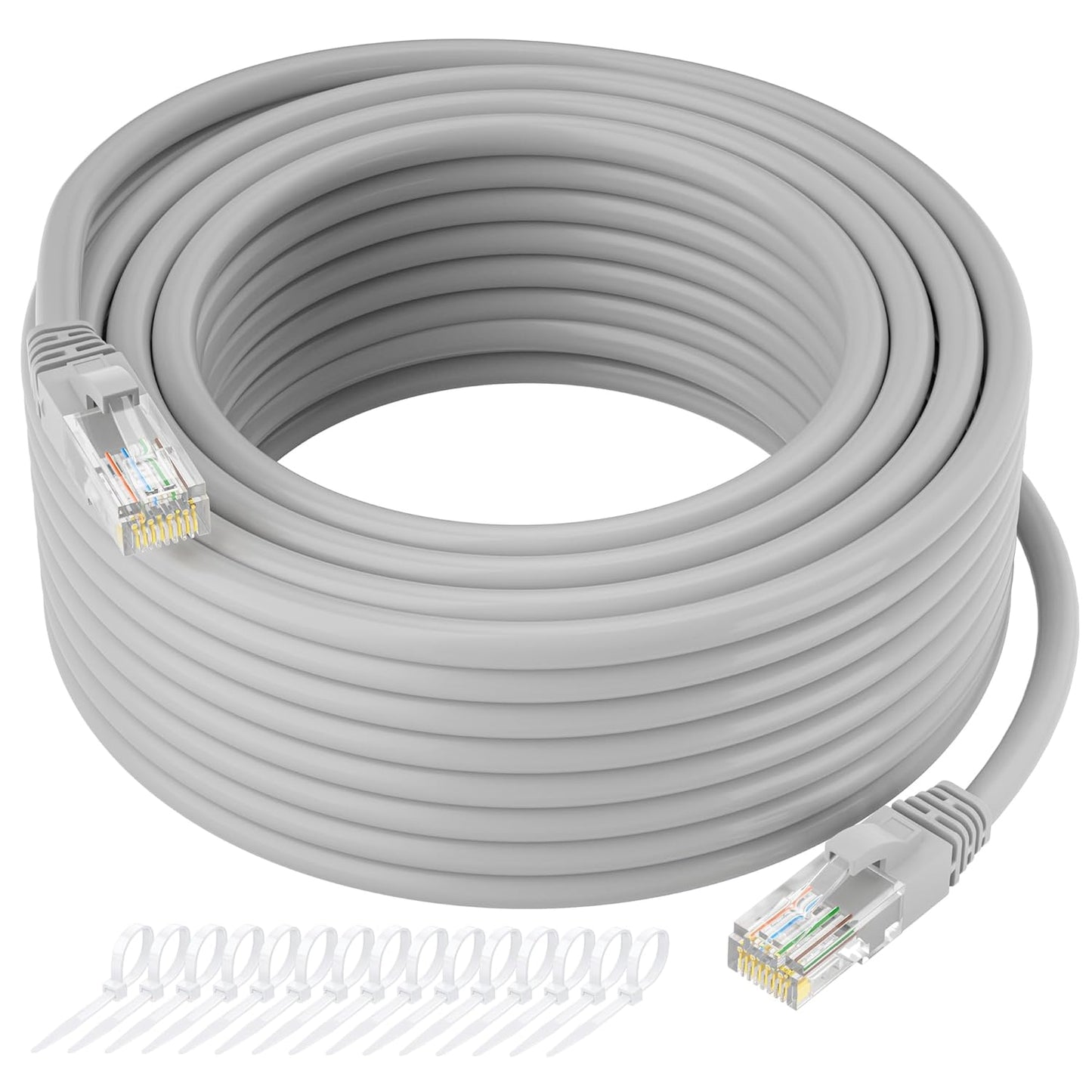 Cat5e Ethernet Cable 200 FT, Long Cat 5e Internet Cable, Grey Snagless Patch Cord, Flexible, Network, LAN, PoE, Standard RJ45 Connector for PC, Server, Router, Modem, TV, PS5 - with 15 Cable Ties