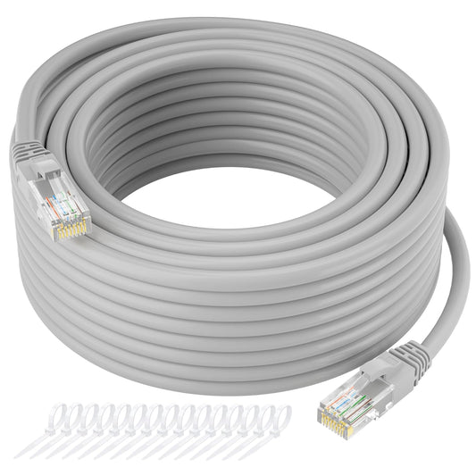 Cat5e Ethernet Cable 150 FT, Long Cat 5e Internet Cable, Grey Snagless Patch Cord, Flexible, Network, LAN, PoE, Standard RJ45 Connector for PC, Server, Router, Modem, TV, PS5 - with 15 Cable Ties