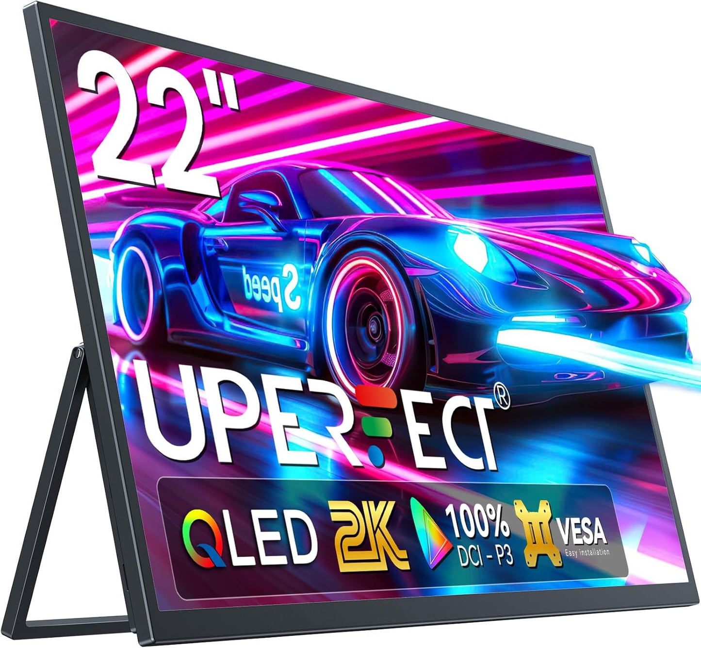 UPERFECT 22" QLED 2K Portable Monitor w/VESA & 180° Adjustable Stand, 2560×1440 QHD FreeSync IPS HDR Gaming Display, USB-C HDMI Travel Second Monitor for Laptop, Switch, Phone