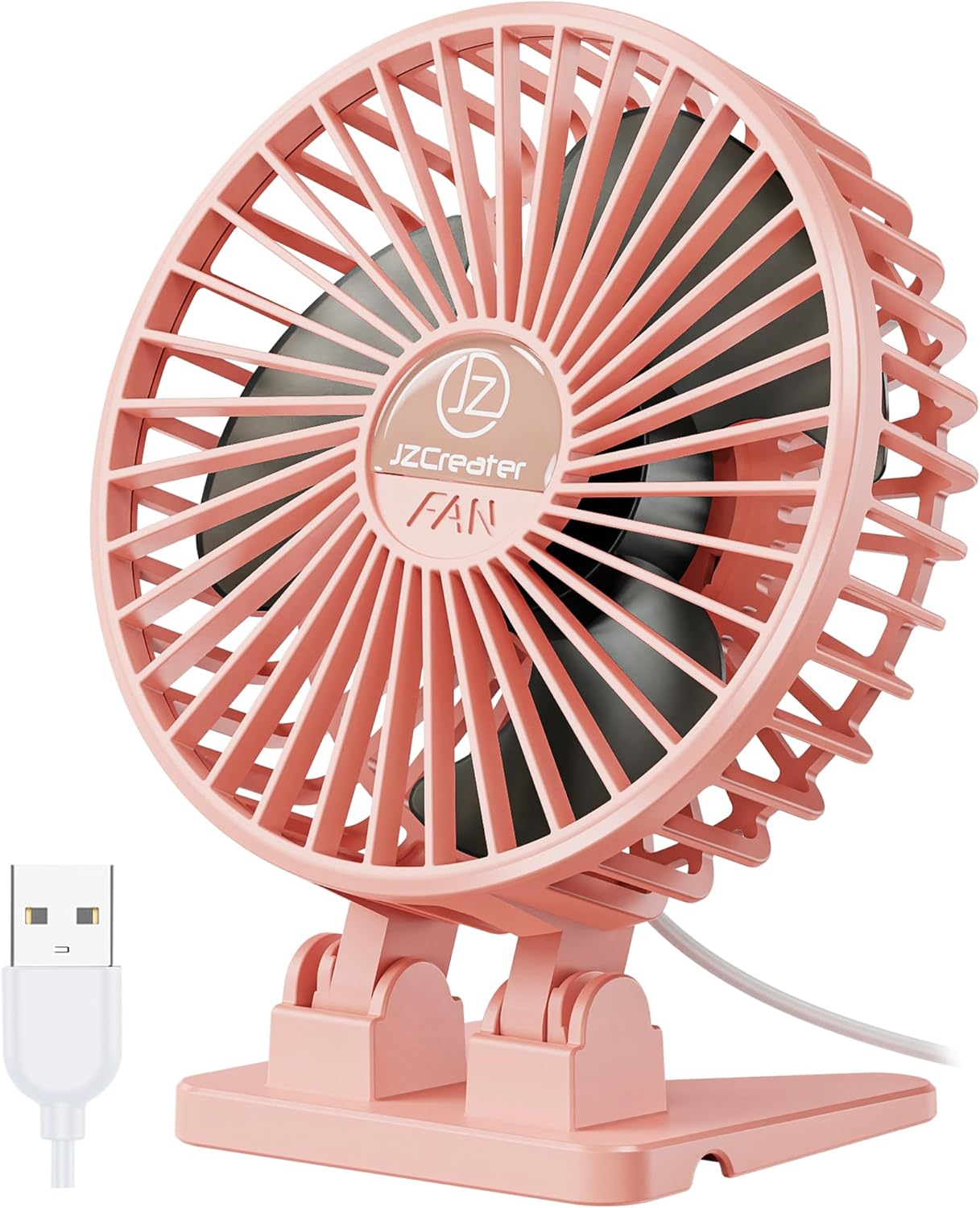 JZCreater USB Desk Fan, Portable Mini Fan, 3 Speeds Desktop Table Cooling, Plug in Power, Rotation Strong Wind, Quiet Personal Small Fan for Home Desktop Office Travel Bedroom, Pink