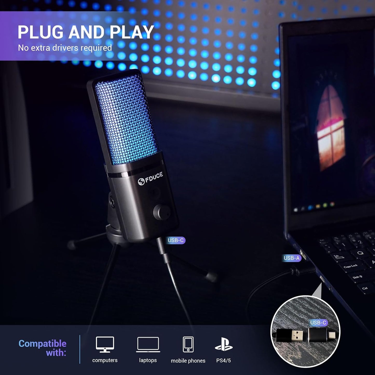 FDUCE Gaming USB Microphone for PC,RGB Condenser Computer Mic with Tripod Stand,Quick Mute,Gain Control,Cardioid Mic for Streaming, Podcast, Twitch, YouTube, PC, Computer, PS5, (M160)