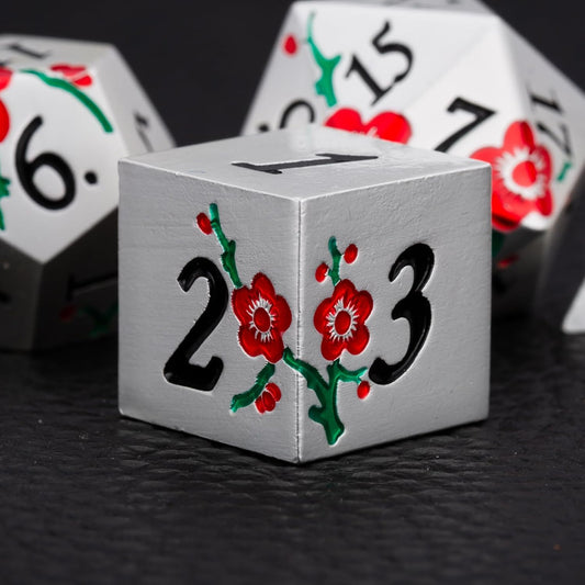 Metal Dice Set D&D, 7 PCS Flower Metal DND Polyhedral Dice Set with Box for Dungeons and Dragon Tabletop Game (Silver-red-Green)