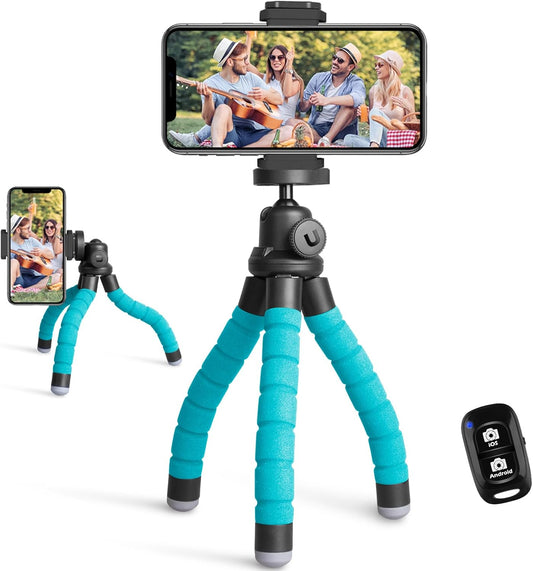 Ubeesize Portable Tripod Stand with Wireless Remote & Clip, Flexible Phone Holder for Video Recording (Blue)