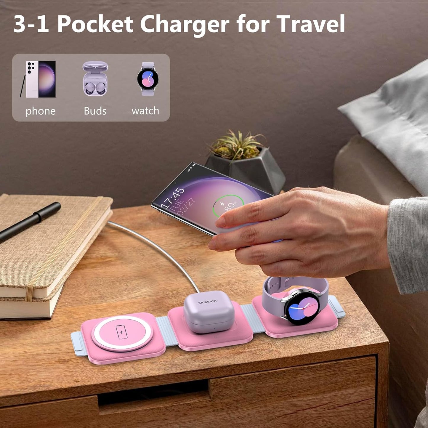 Travel Charger for Samsung Multi Devices, Foldable 3 in 1 Wireless Charging Station Fast Charging Stand/Pad Compatible for Samsung Galaxy S25/S24/S23/S22/S21/Note20 Galaxy Watch8/7/6/5/4/Galaxy Buds4