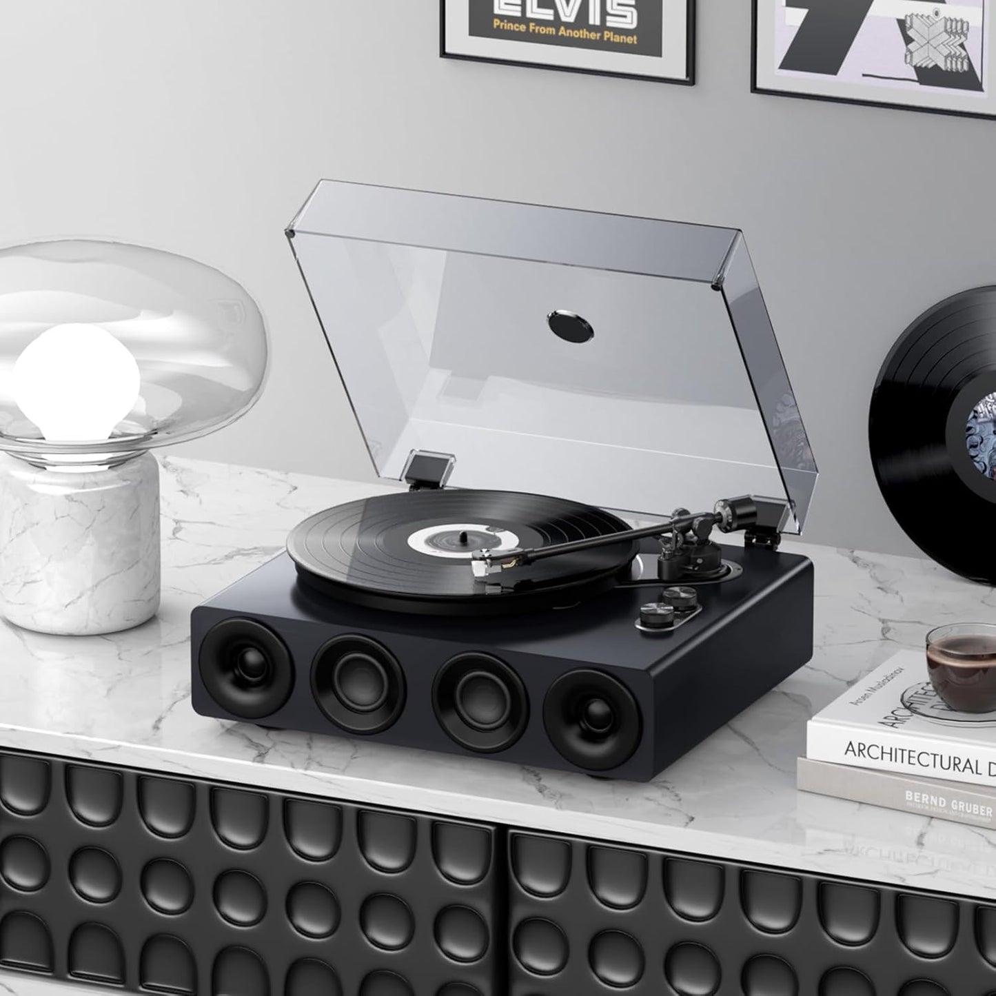 1 by ONE High Fidelity Record Player, All-in-One Turntable with Built in Speakers Phono Preamp, Magnetic AT-3600L Cartridge, RCA Output, Belt Drive 2-Speed, Piano Lacquer Grey
