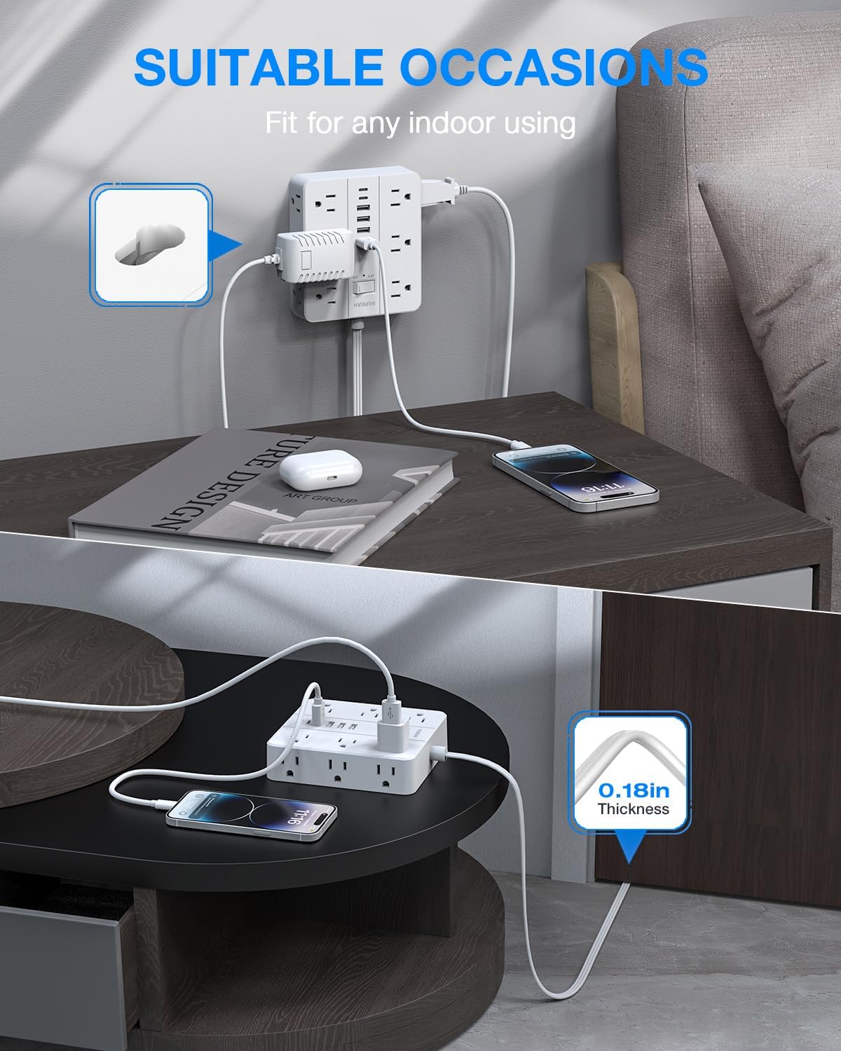 Extension Cord 25 Ft, HUNIAN Flat Plug Power Strip Surge Protector, 12 Widely Spaced Outlets with 6 USB Charger (2 USB C Ports), Desk Charging Station for Home Office Supplies, Dorm Room, White