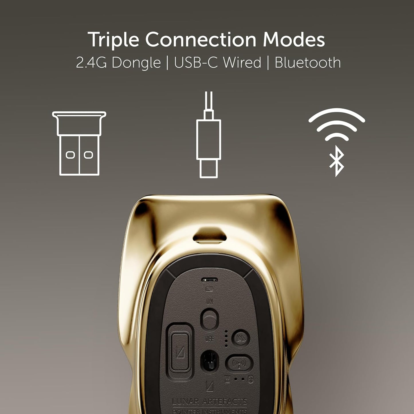 LUNAR ARTEFACTS Ambidextrous Rechargeable Bluetooth Wireless Computer Mouse Brown French Leather and Gold Tone Plated Aluminum, Qi Enabled USB-C