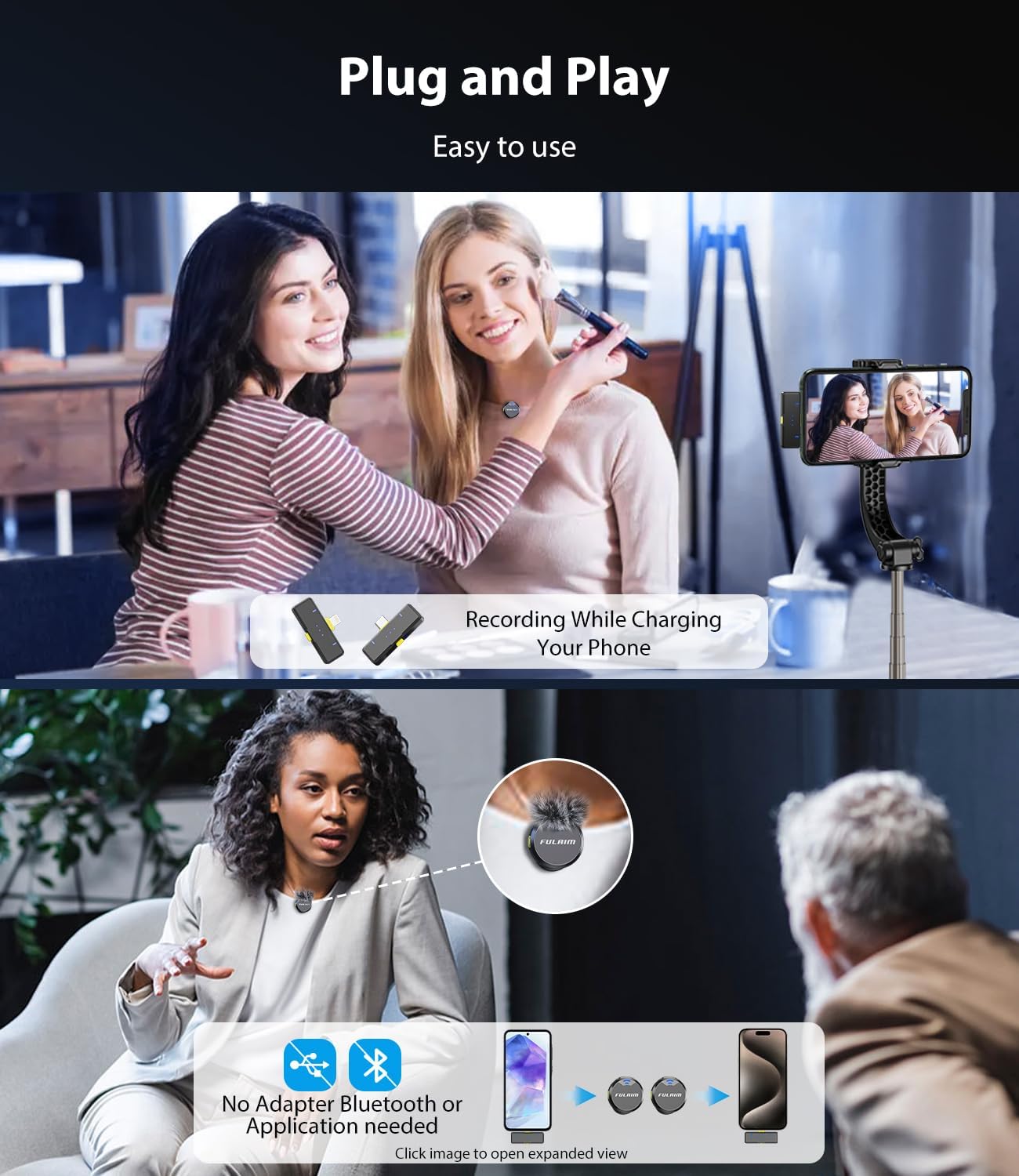 FULAIM X3 Wireless Lavalier Microphone with 32H Charging Case for iPhone/Android/PC, DSP Noise Reduction Mini Lapel Microphone for Video Recording, Vlogging, YouTube, Interview (X3-Case)