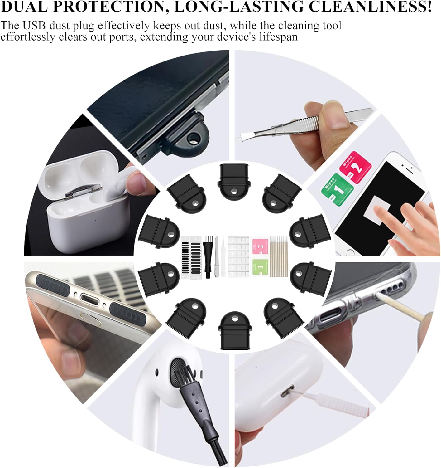 10PCS USB C with Grip Port Dust Plug, Easy Grip Dust Plug Cover, Type-C Dust Plug,Includes 8 Types Digital Product Cleaning and Protection Kits,for All Type C Ports,Compatible with iPhone 15 16