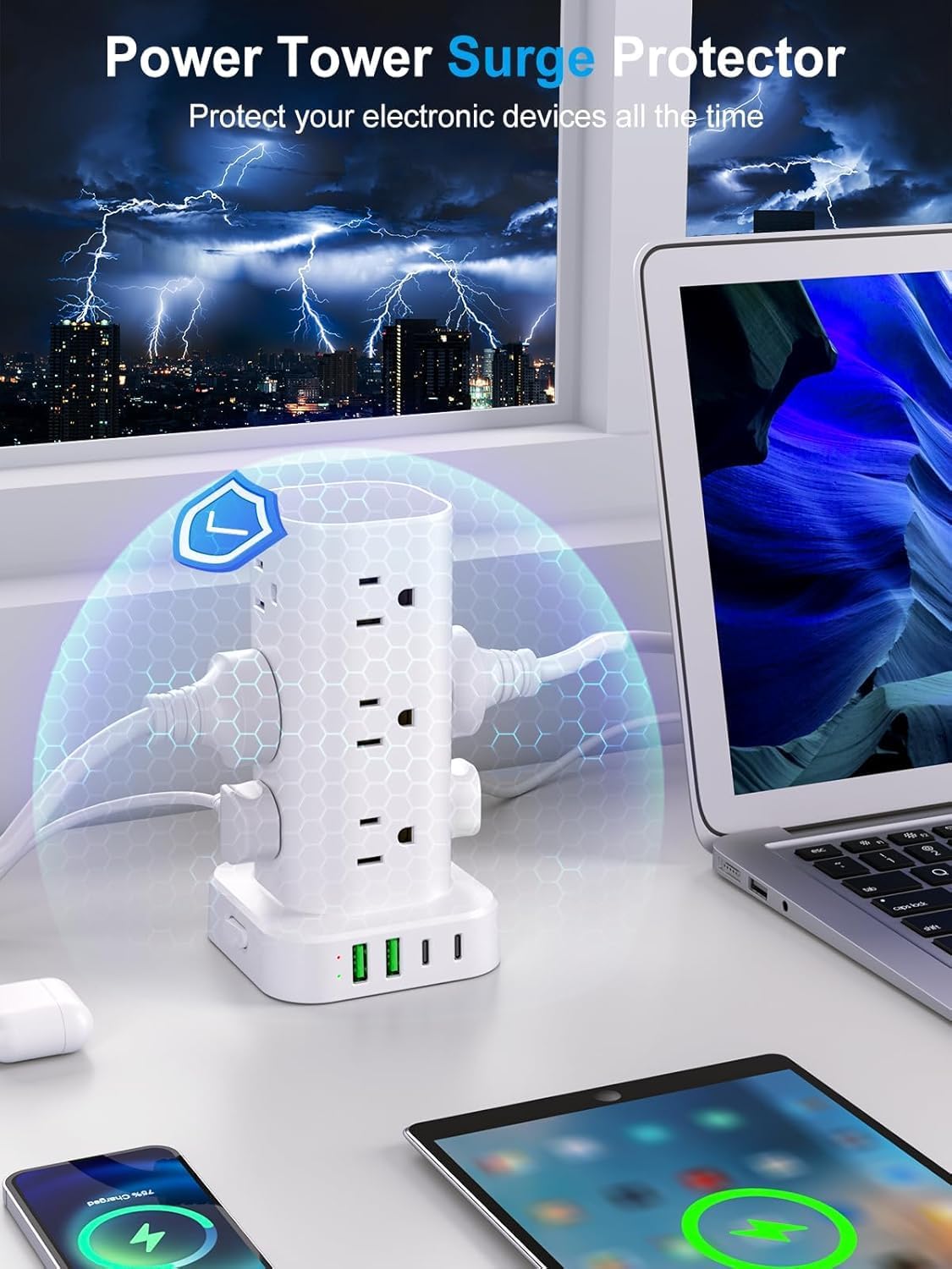 Power Strip Tower with Wireless Charger, Flat Plug Surge Protector Tower with 15FT Extension Cord, 12 AC Multiple Outlets, 4 USB (2 USB C),15W Wireless Charging Power Tower for Home Office Dorm,White