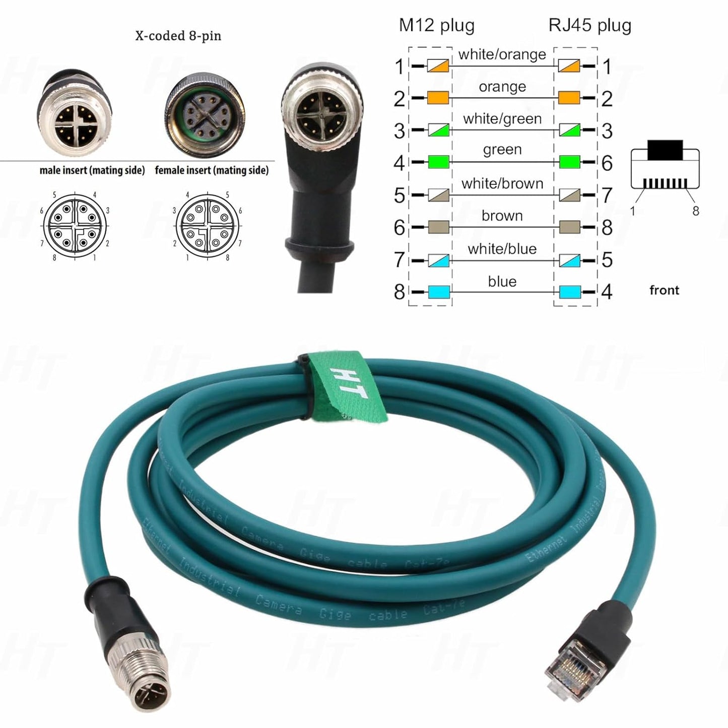 M12 8 Pin X-Code RJ45 GigE Ethernet Network Cable CAT7e for Cognex Basler Baumer Industrial Camera Sensor Barcode Reader PLC PC Router 30M