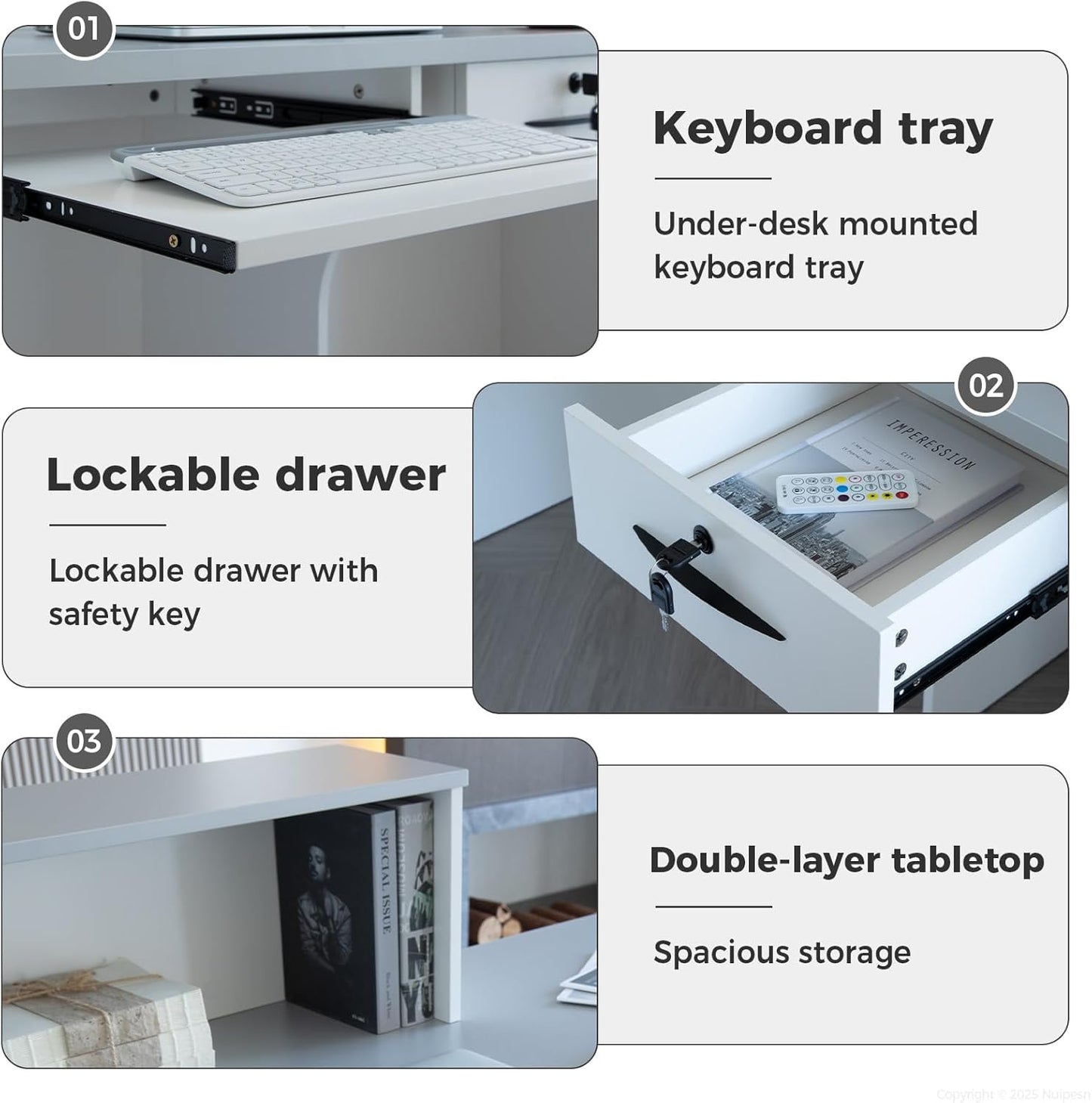 Reception Desk with Counter, Modern Front Desk Reception Counter with Keyboard Tray, Lockable Drawer and Storage Shelves for Office, Retail, Salon (White+Black/Left, 71" L*24" W*39" H)