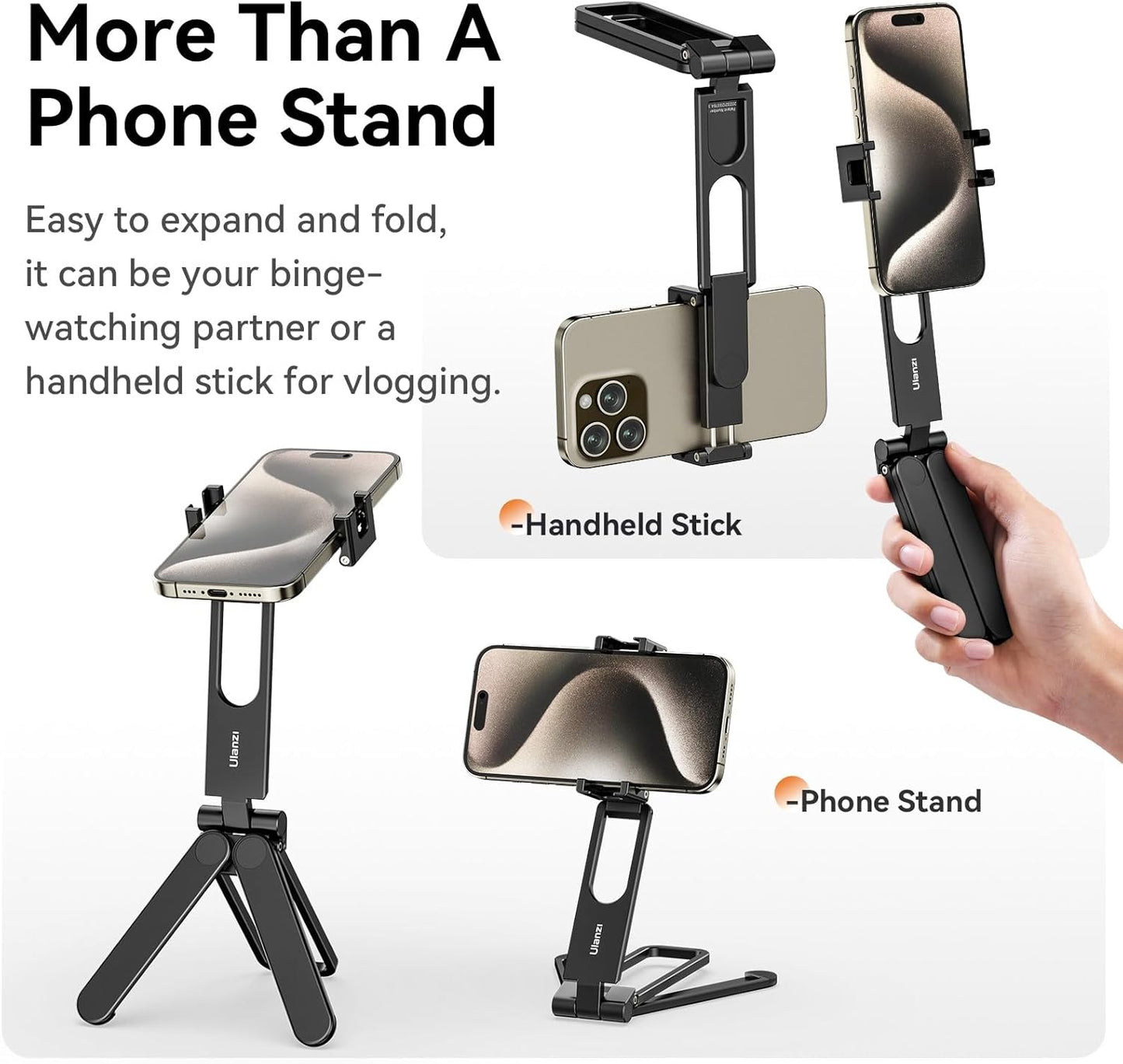 ULANZI MA26 Foldable Phone Tripod - Pocket Cell Phone Vlog Video Tripod Handle Aluminium Smartphone Desk Stand 2 Cold Shoe Small Size All in One Lightweight Portable Vlog Stick for iPhone Samsung