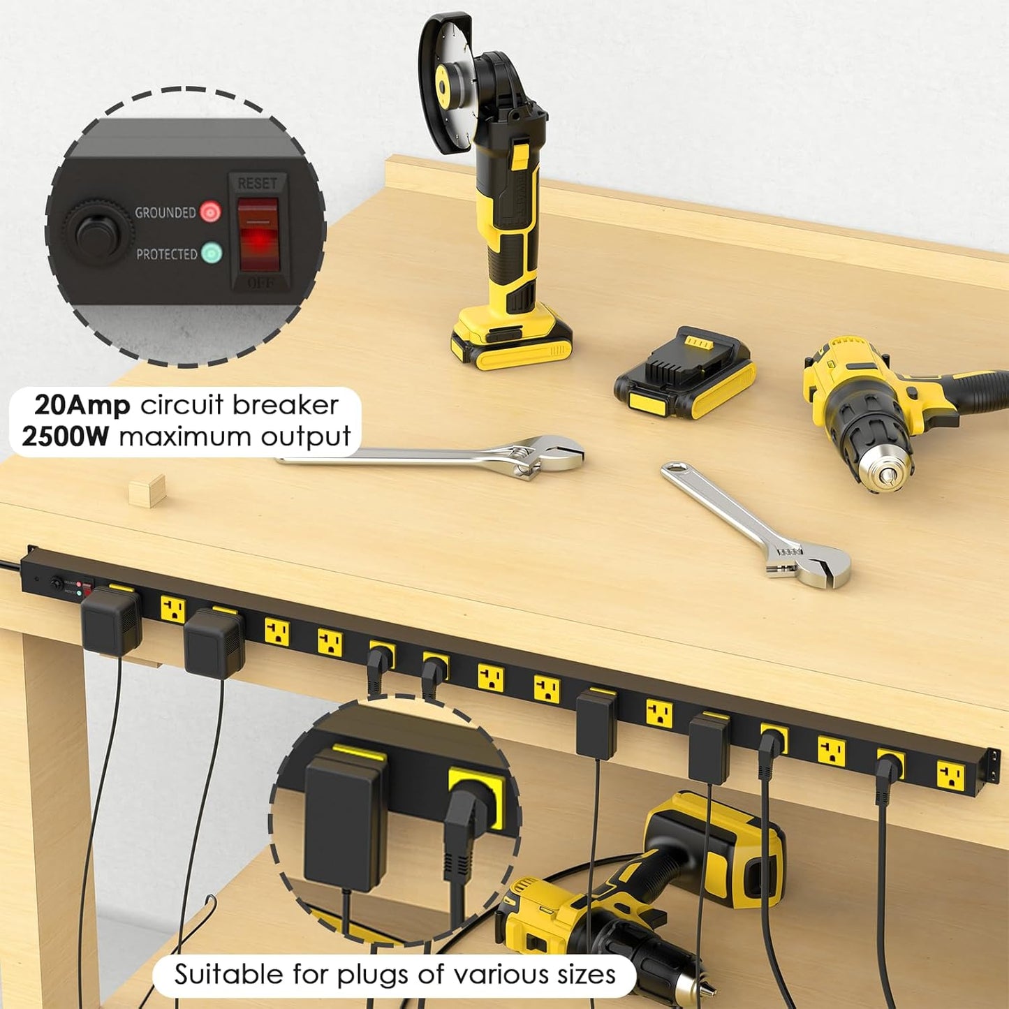 JUNNUJ Long Metal 16 Outlet Power Strip,Wide Spaced Garage Industrial Heavy Duty Power Strip,Surge Protection 4800J,Wall Mount Screws Outlet with Switch 5-15P High Amp 6-20R T-Slot (Yellow, 6FT)
