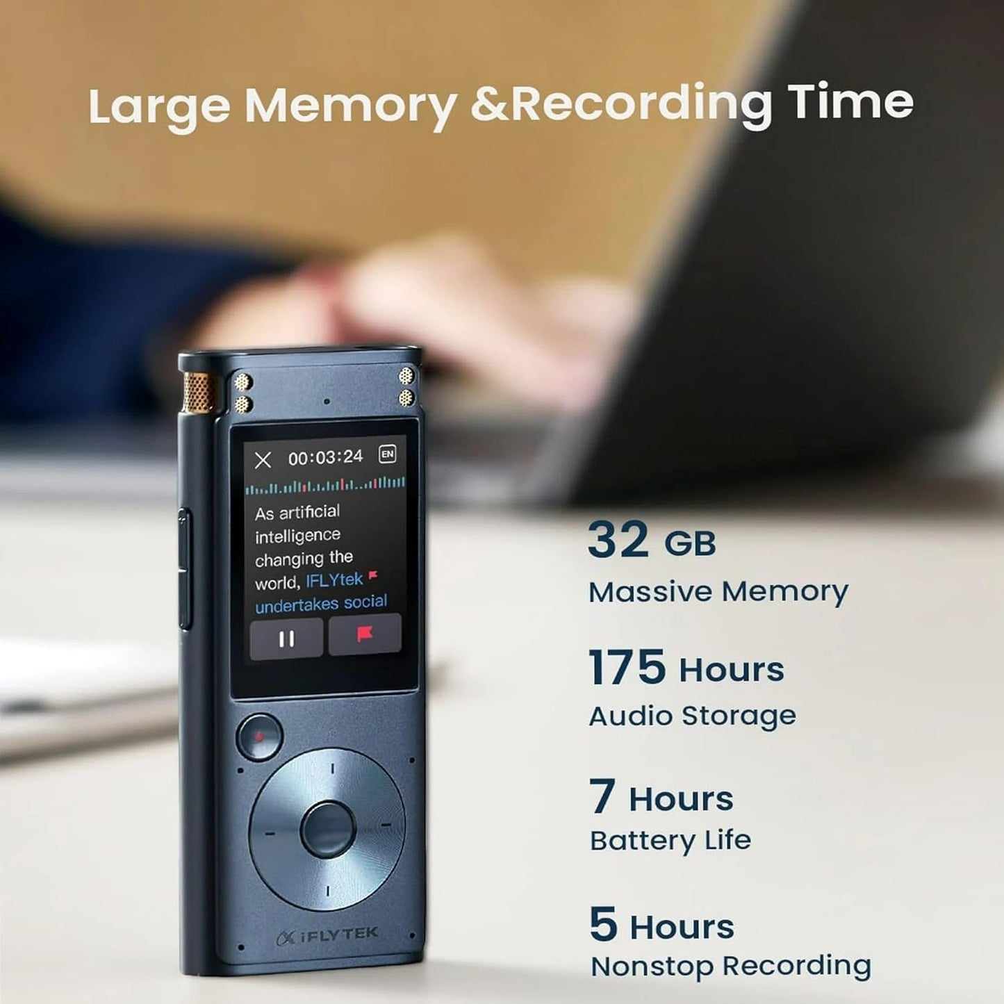 Offline AI Voice Recorder with Playback, Secure Digital Recorder with 5-Language Voice-to-Text, Noise Reduction, Local Storage for Meetings, Lectures, Interviews & Learning, No Subscription