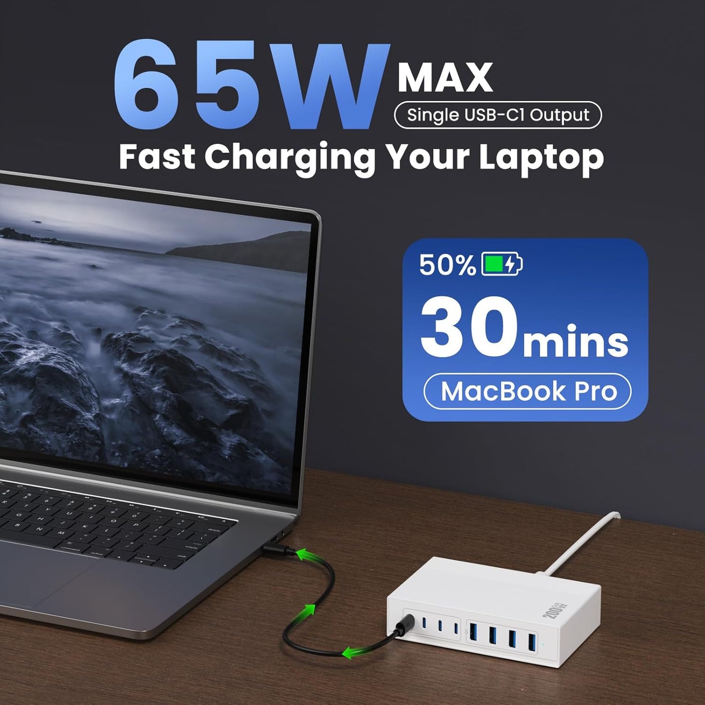 200W USB C Charger Block, 8-in-1 GaN USB C Charger Fast Charging Station Hub, PD 65W Laptop Adapter for MacBook Pro/Air/Dell XPS/iPhone 16/15/14/iPad/Galaxy S24 (White)