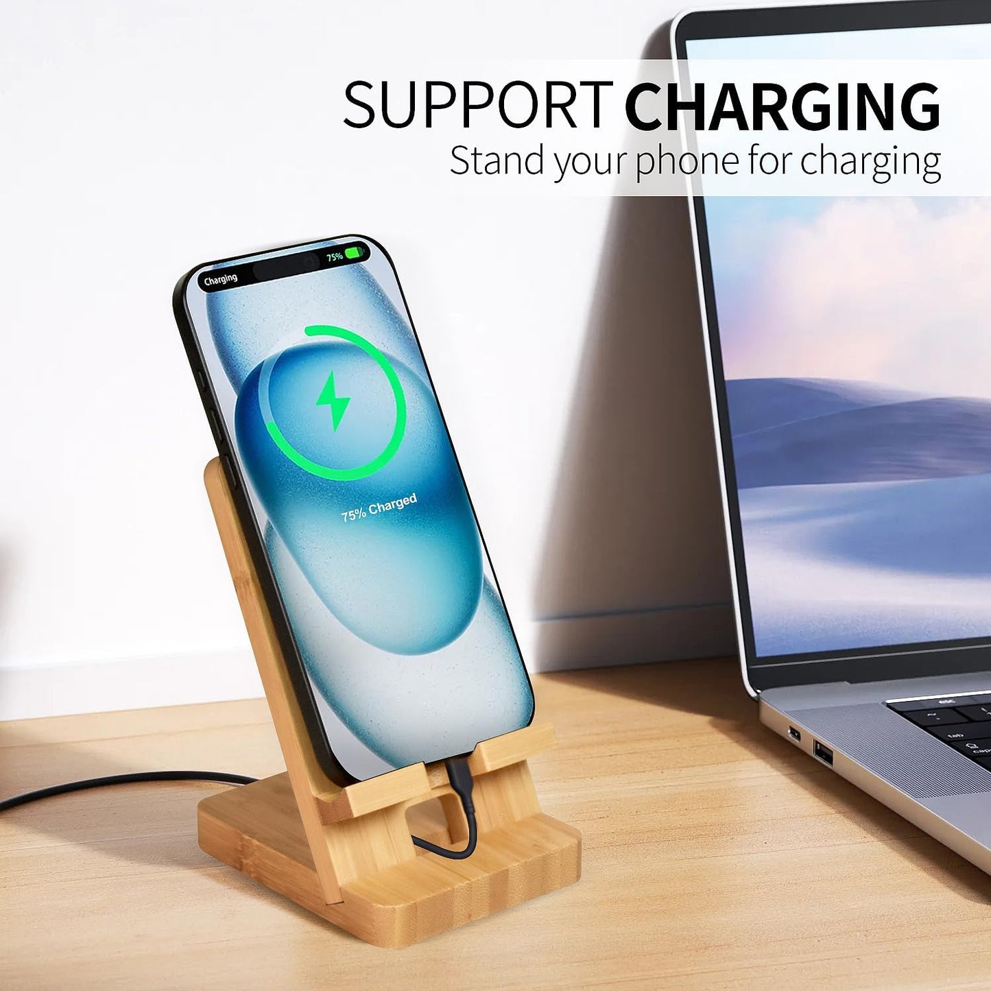 Wood Phone Stand, Desktop Wooden Phone Holder, Portable Office Phone Stand for Desk, Wood ipad Stand， Compatible with iPhone & All Cell Phones (Bamboo)