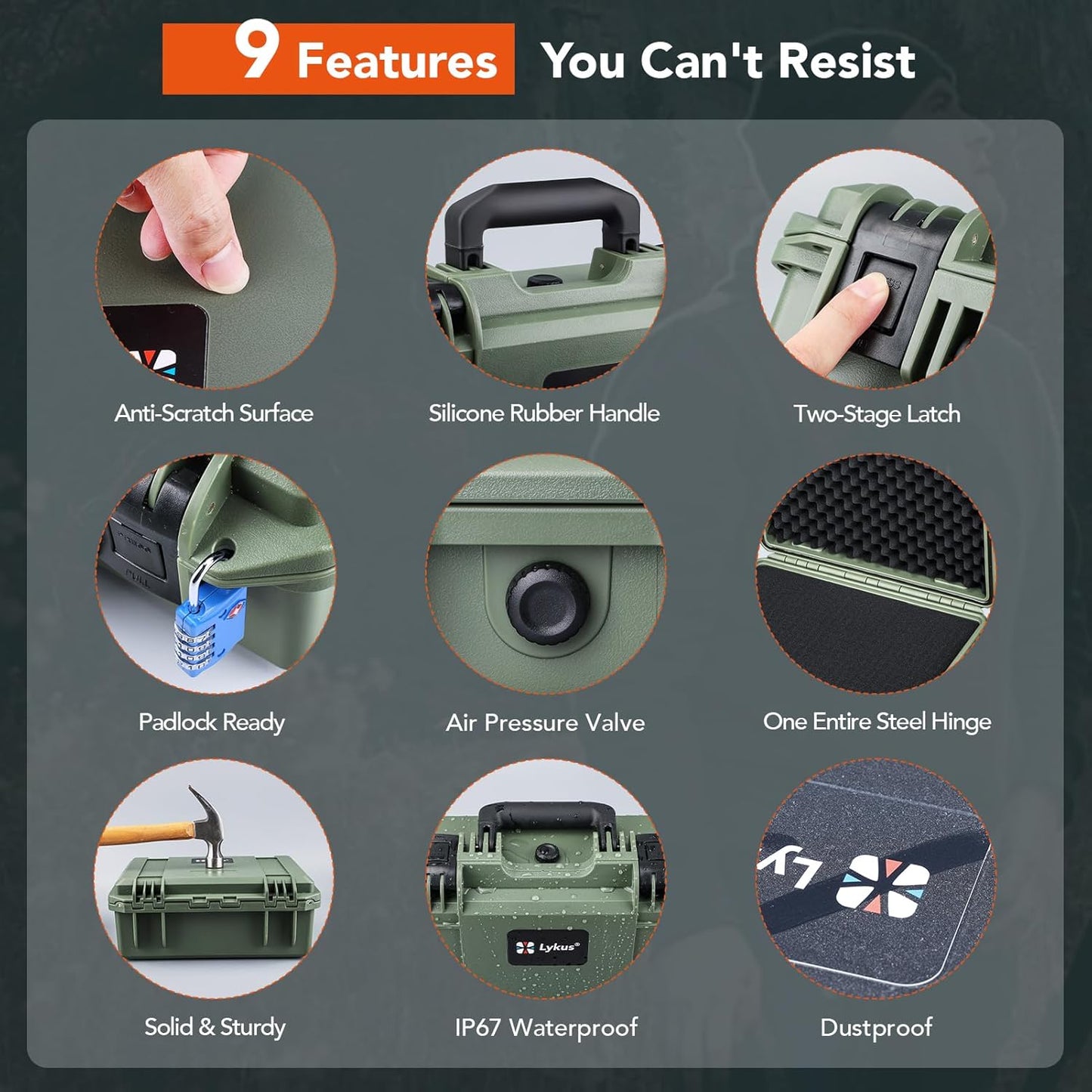 Lykus HC-3310 Waterproof Hard Case with Customizable Foam Insert, Interior Size 12.99x8.27x5.31 in, Suitable for pistol,camera,lens,drone,mic,flashlight,telescope,action cam,electronics,tools,and more