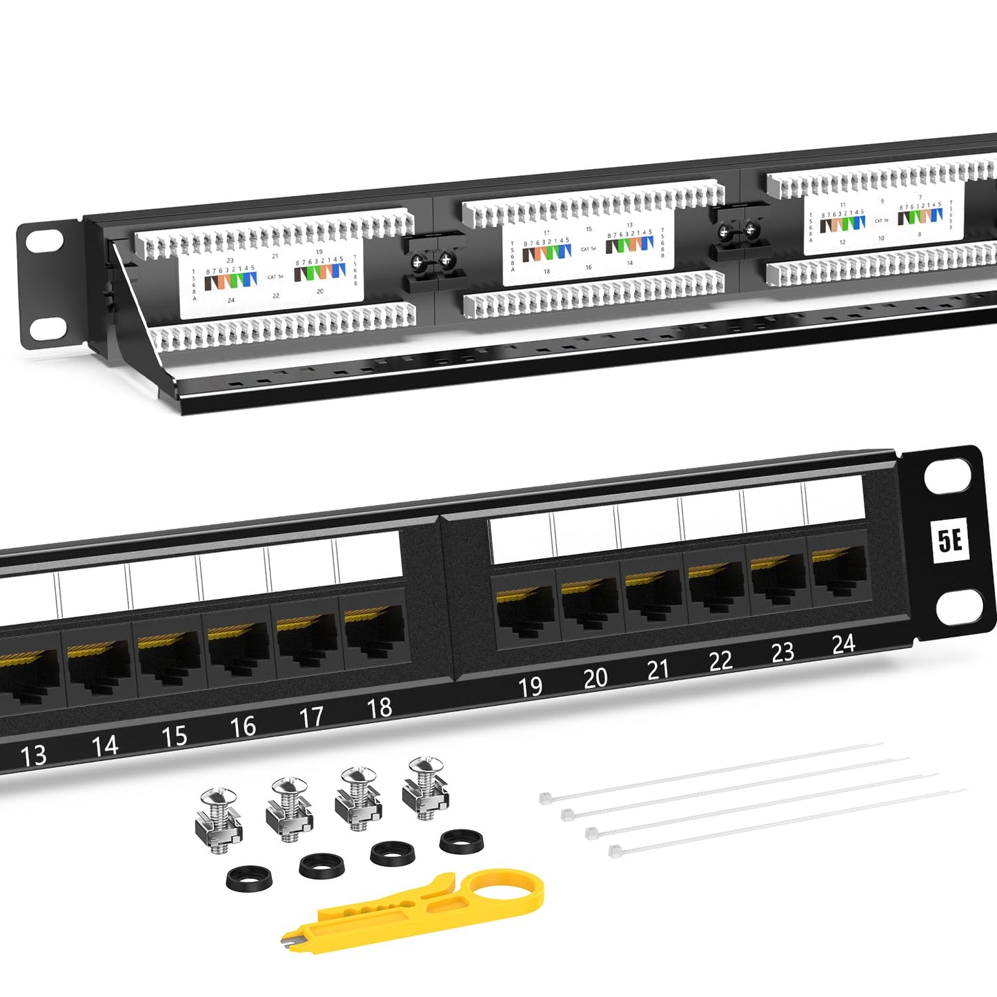 AMPCOM Premium Series CAT5/5e 24 Ports Patch Panel, Rack Mount - 1U, 19 inch, RJ45 Ethernet 568A 568B, 15u Gold Plated, with Rear Cable Support Bar