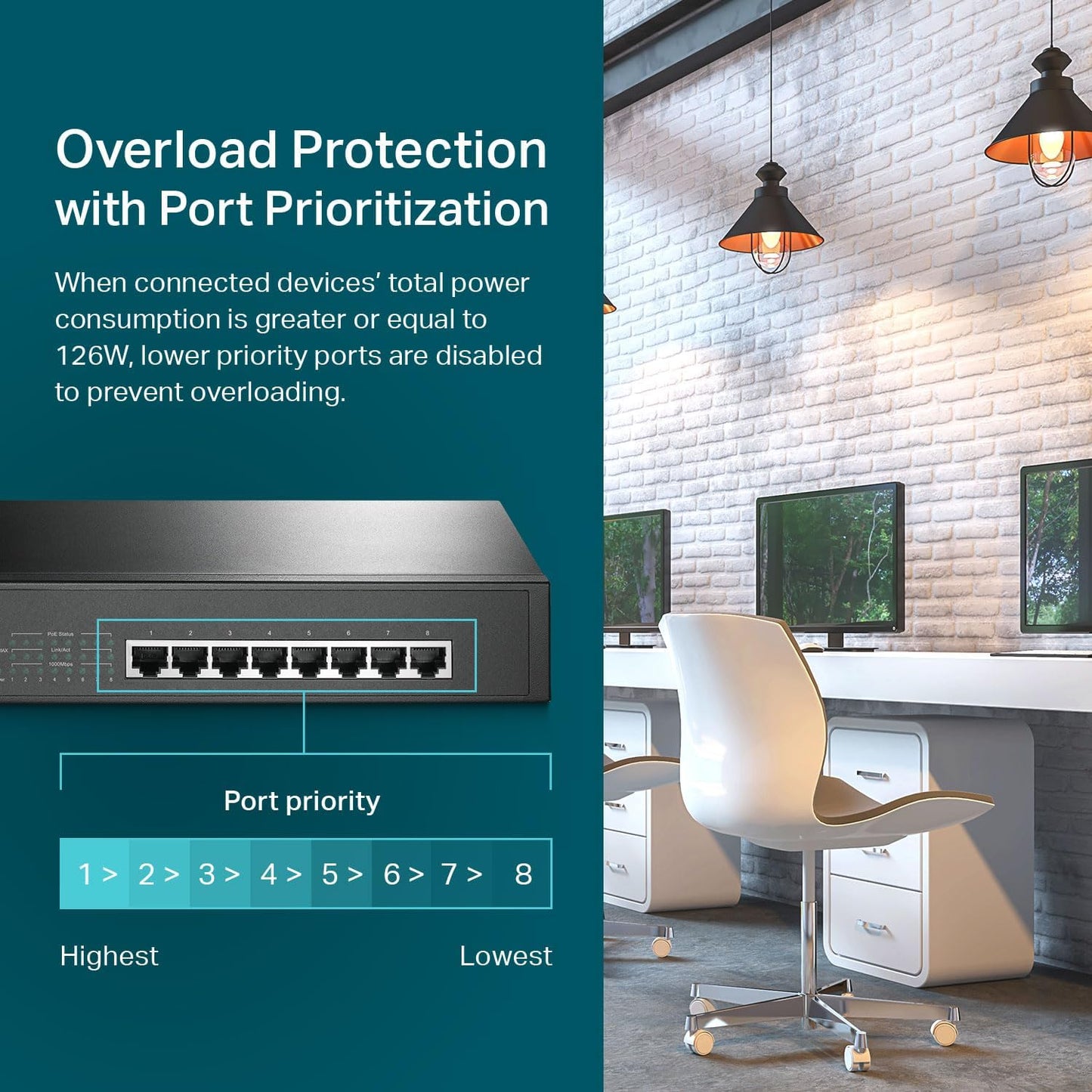 TP-Link 8 Port Gigabit PoE Switch | 8 PoE+ Ports @126W | Plug & Play | Limited Lifetime Protection | Desktop/ Rackmount | Prioritized Power Supply | Sturdy Metal | Shielded Ports (TL-SG1008MP)