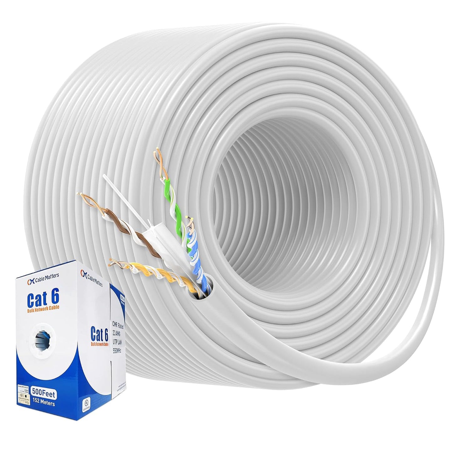Cable Matters [UL Listed] 10Gbps in-Wall Riser Rated (CMR) 23AWG Bare Copper Cat6 Ethernet Cable - 500ft, Cat 6 Ethernet Cable Spool, Cat 6 Cord Bulk, White