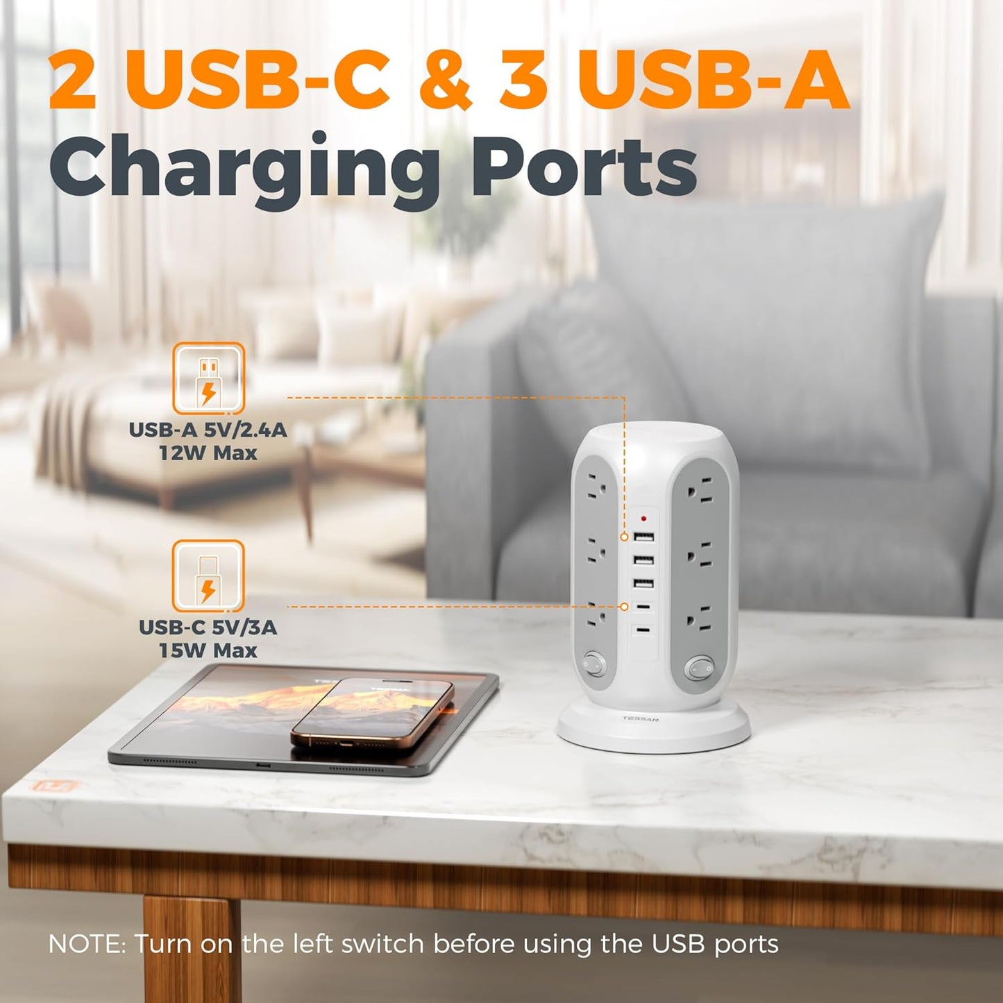 TESSAN Tower Power Strip with Individual Switches, Surge Protector with 12 Outlets, 5 USB Ports(2 USB C), Flat Extension Cord 10 Ft, Flat Plug, Charging Station for Multiple Devices, for Office, Dorm