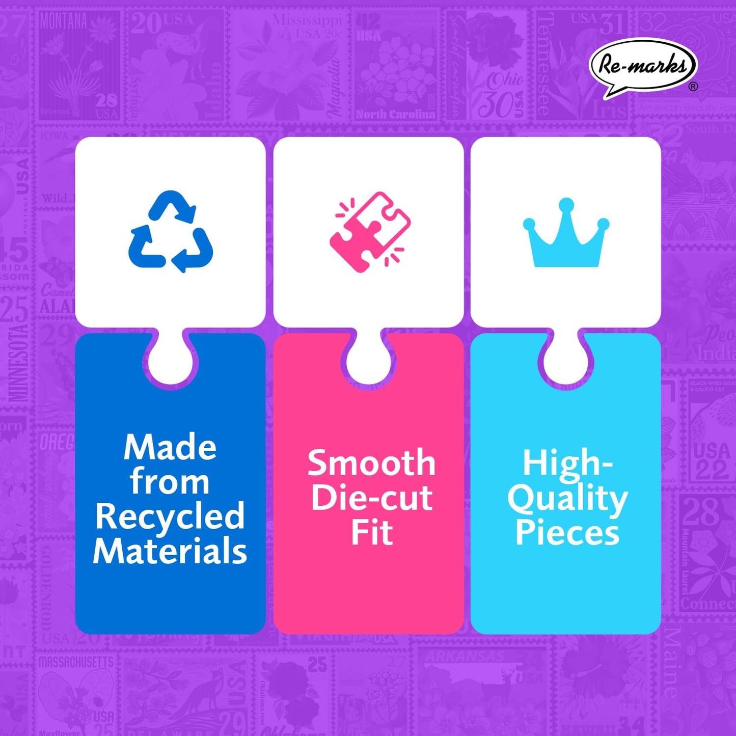 Re-marks State Flowers Stamp Collage Jigsaw Puzzle, 500 Large Piece Jigsaw Puzzle for All Ages