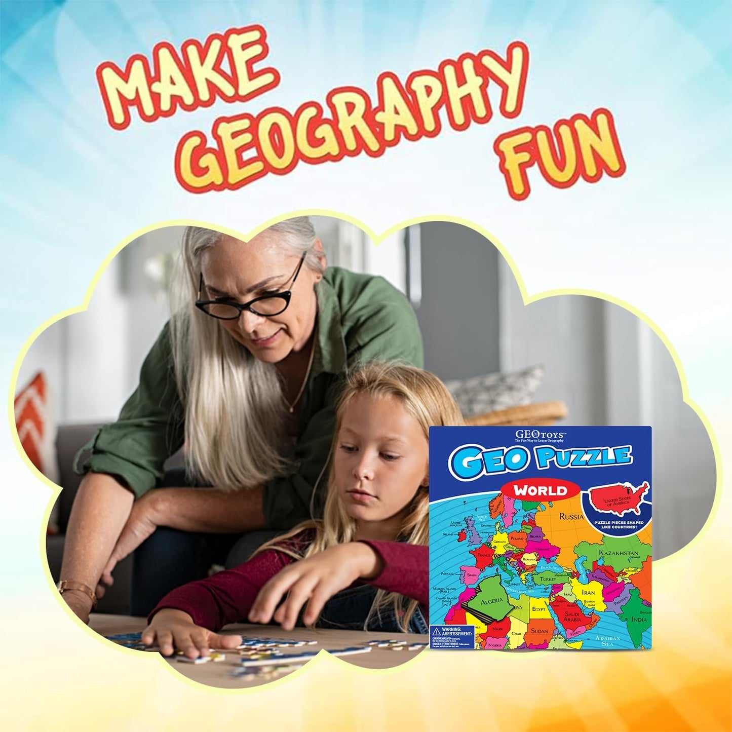 GeoToys GeoPuzzle, World Shaped Jigsaw Puzzles, 68 Pc Geography Puzzle, Geography Game & Map Puzzle, Jigsaw Puzzles for Kids Ages 6-9 Years Old