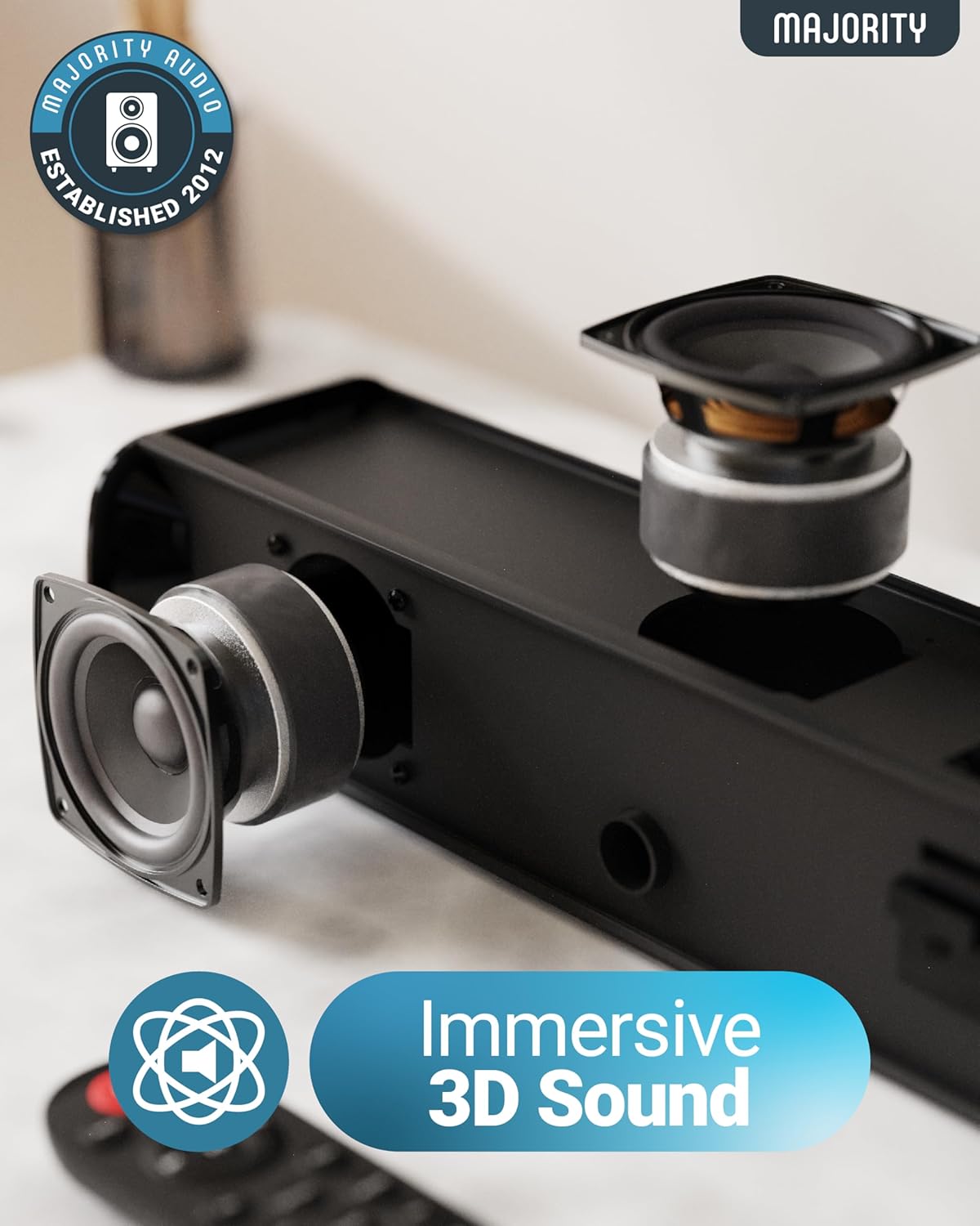 Majority Bluetooth 120W TV Sound Bar for Smart TV, 24 Inch, 2.1 Channel, 3D Sound with Built-in Subwoofer | EQ Control, HDMI Arc, Optical, AUX, Remote, and Wall Mountable Naga 60 Soundbar for TV