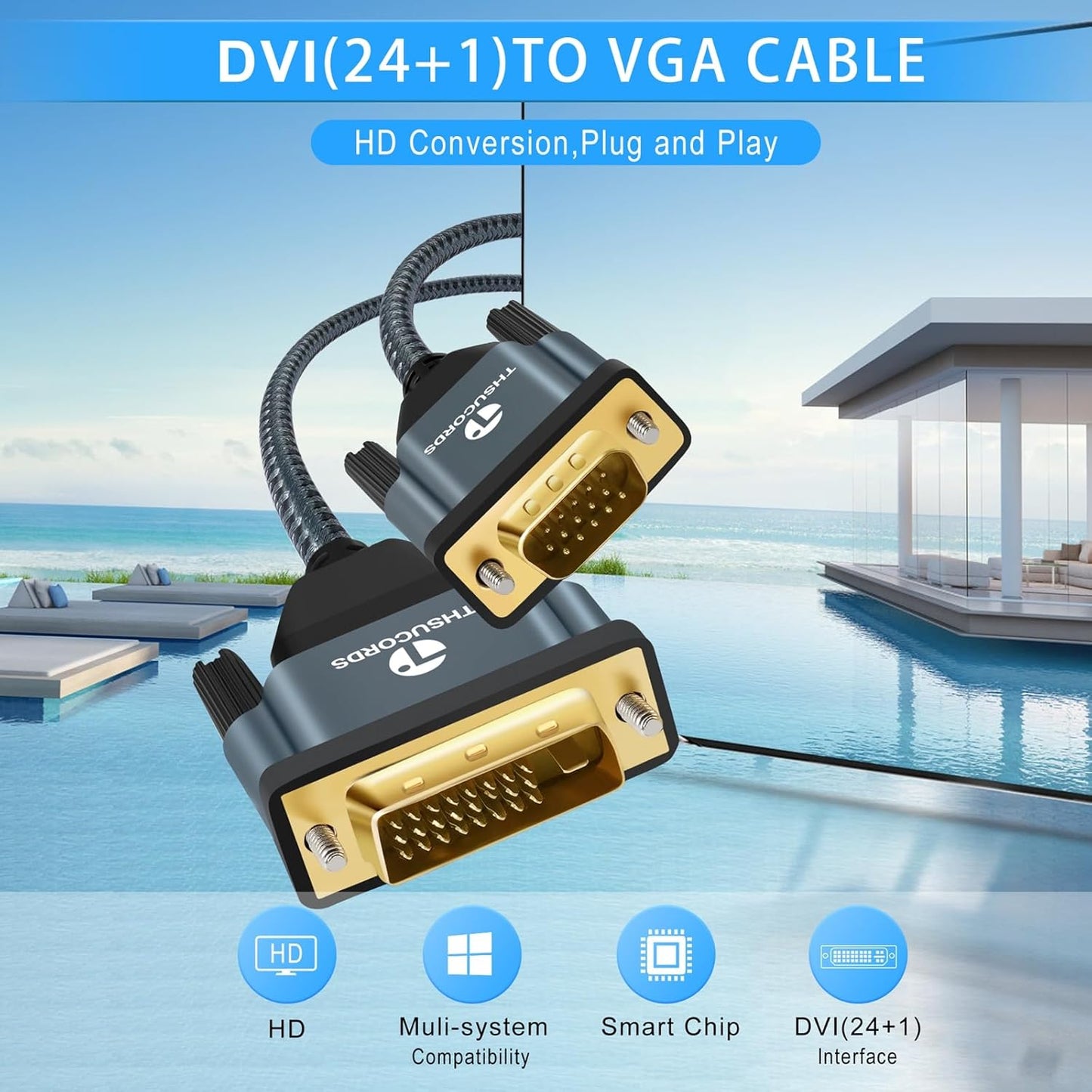 DVI to VGA Cable 10FT, Uni-Directional DVI-D to VGA Adapter Male to Male Gold-Plated Braided 1080P Full HD Cord for HDTV, PC,Laptop, Monitor, Projector
