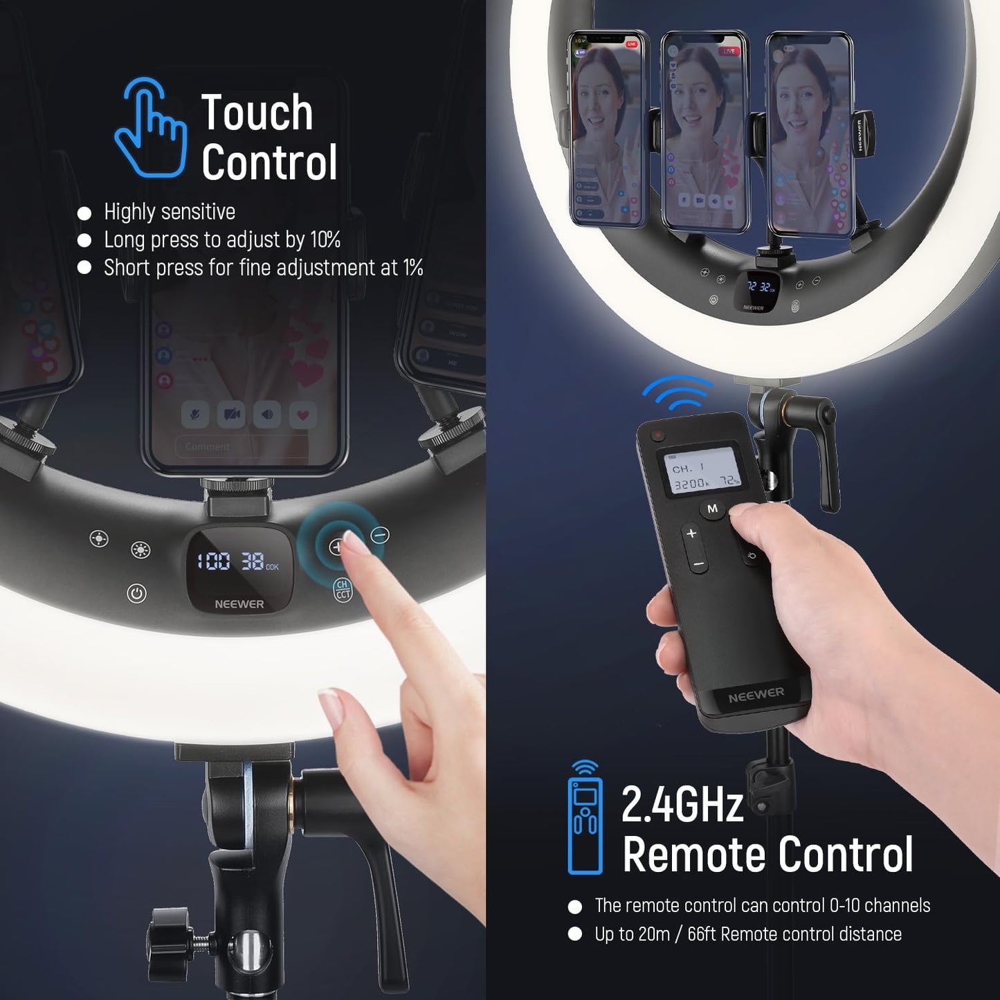 NEEWER 19 inch Ring Light with Stand, 3 Phone Holders and Mini Ball Head, Upgraded 2.4G & Touch Control, Smooth Dimming at 1%, 3200K-5600K for Selfie TikTok Live Streaming Video Recording Zoom, RP19H