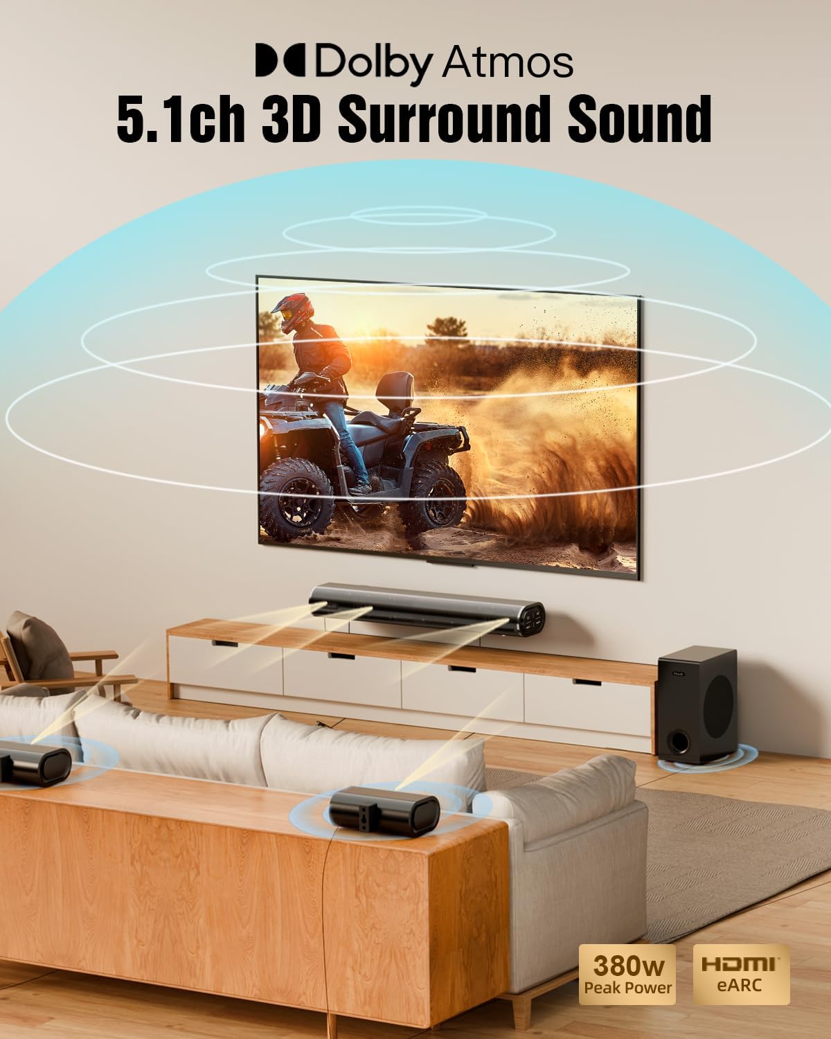 Hiwill 5.1ch Dolby Atmos Soundbar with 5.25'' Subwoofer, Clear Voice, Surround Sound System w/2 Wired Rear Speakers, 380W Peak Power Bluetooth PC Sound Bar for TV, eARC/ARC/Opt, 2025
