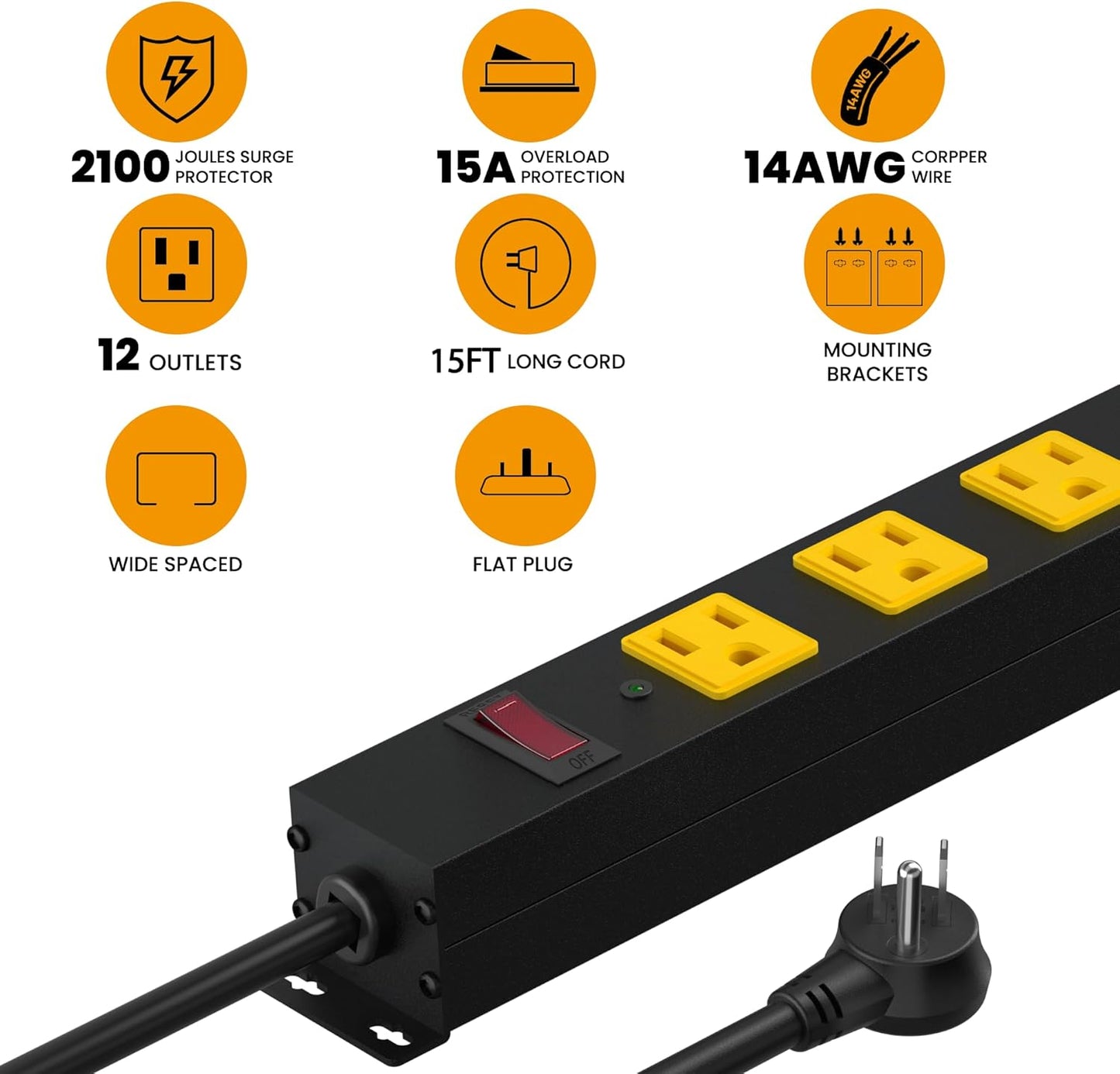 Metal 12 Outlet Mountable Power Strip, Surge Protector Heavy Duty Cord Wide Spaced and Wall Mount Metal Powerstrip for Outdoor, Desk, Garage, Industrial, Shop and Indoor (15ft)