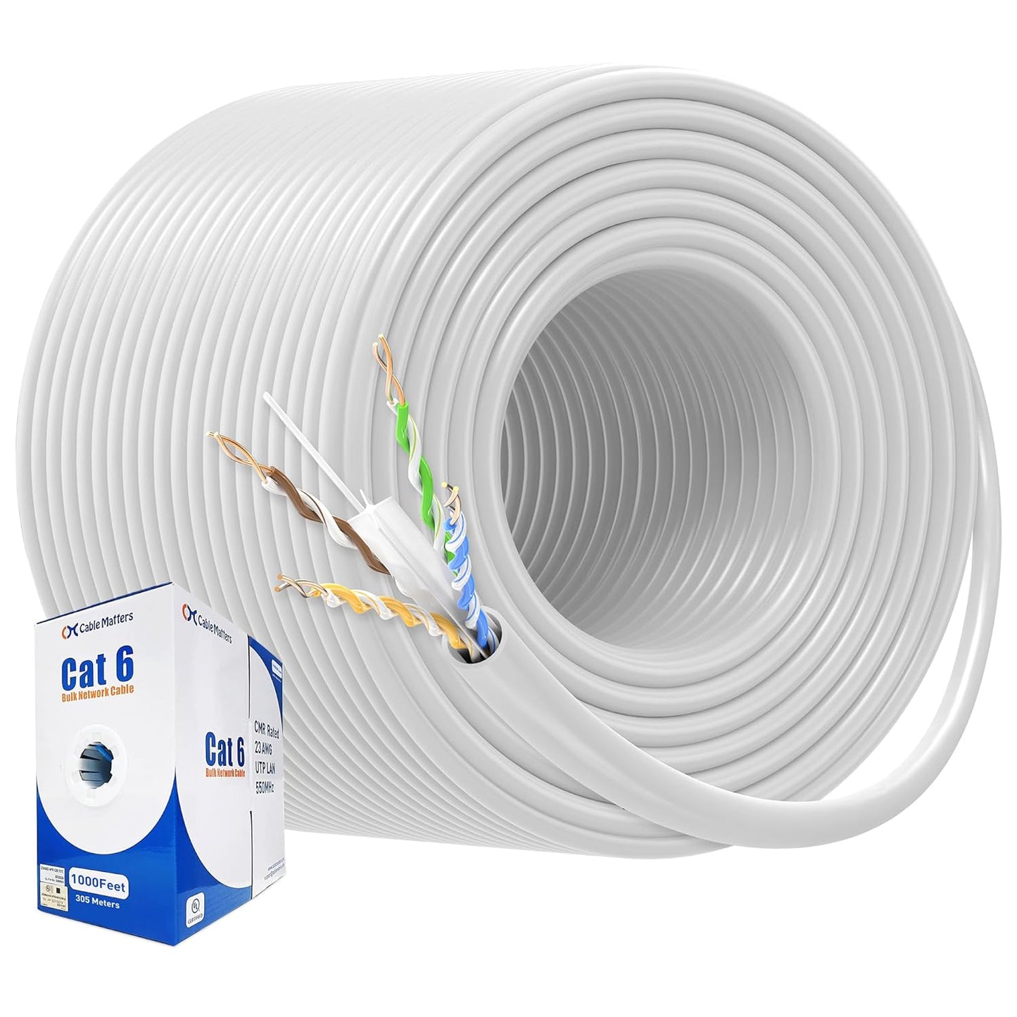 Cable Matters [UL Listed] 10Gbps in-Wall Riser Rated (CMR) 23AWG Bare Copper Cat6 Ethernet Cable - 1000ft, Cat 6 Ethernet Cable Spool, Cat 6 Cord Bulk, White