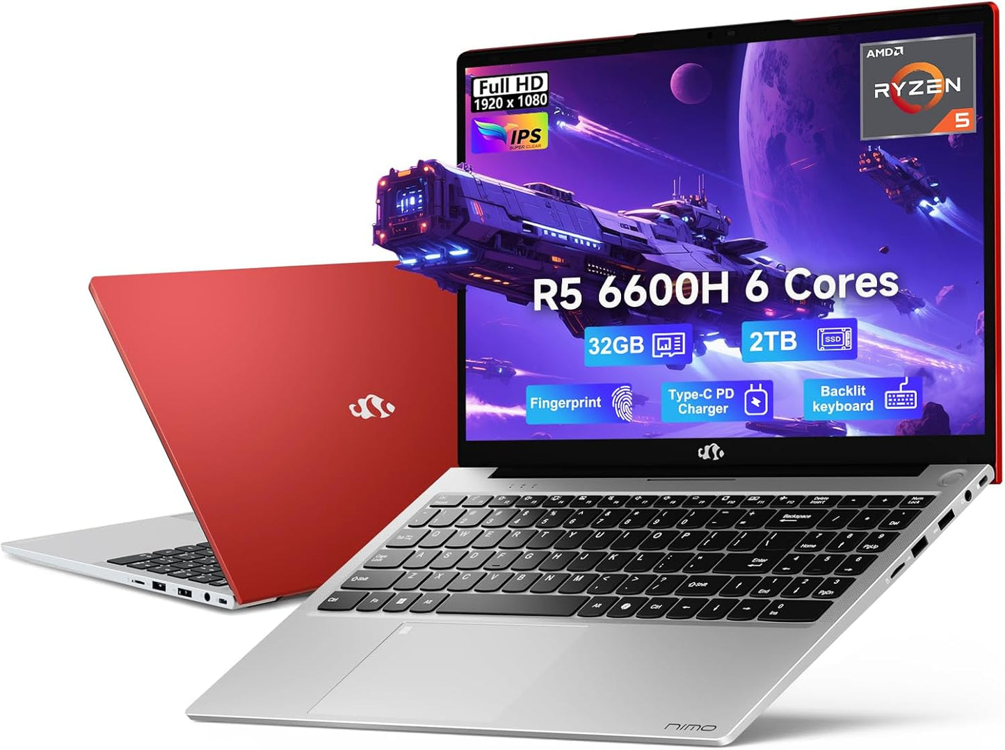 NIMO 15.6" IPS FHD-Gaming-Laptop, AMD Ryzen 5 6600H 6-Cores 660M GPU 32GB DDR5 RAM 2TB SSD(Beat i7-1165G7, Up to 4.5GHz) Computer with 100W GaN Type C Fingerprint Backlit Keyboard Win 11