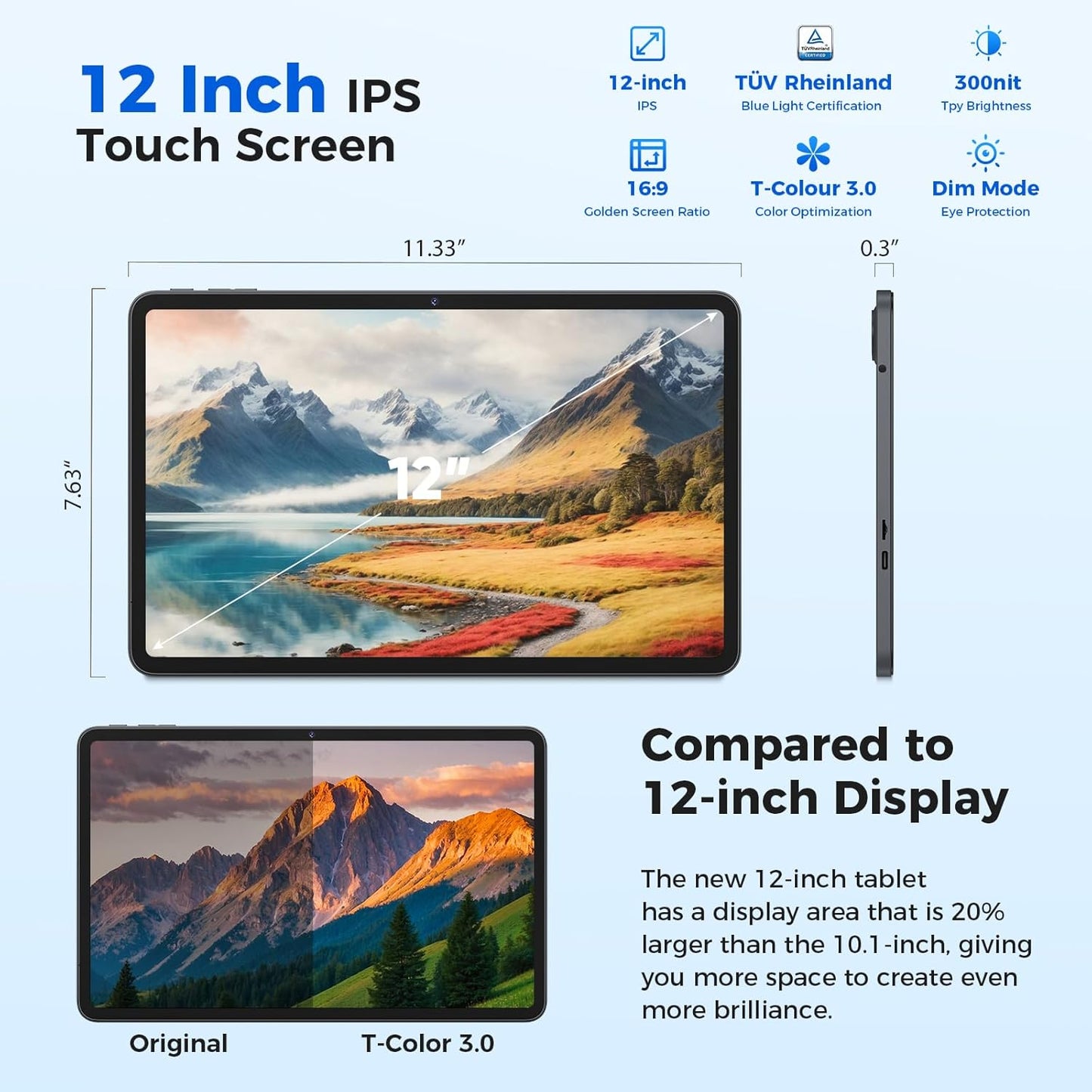 Tablet 12 inch Android 15 Tablets, 24GB（8+16）RAM+256 Storage(Expand to 1TB), Android Tablet with Keyboard, Octa-Core, 2K 2000x1200 Display, 16MP Dual Camera, 8000mAh, 5G WiFi,GPS,Bluetooth 5.0（Black）