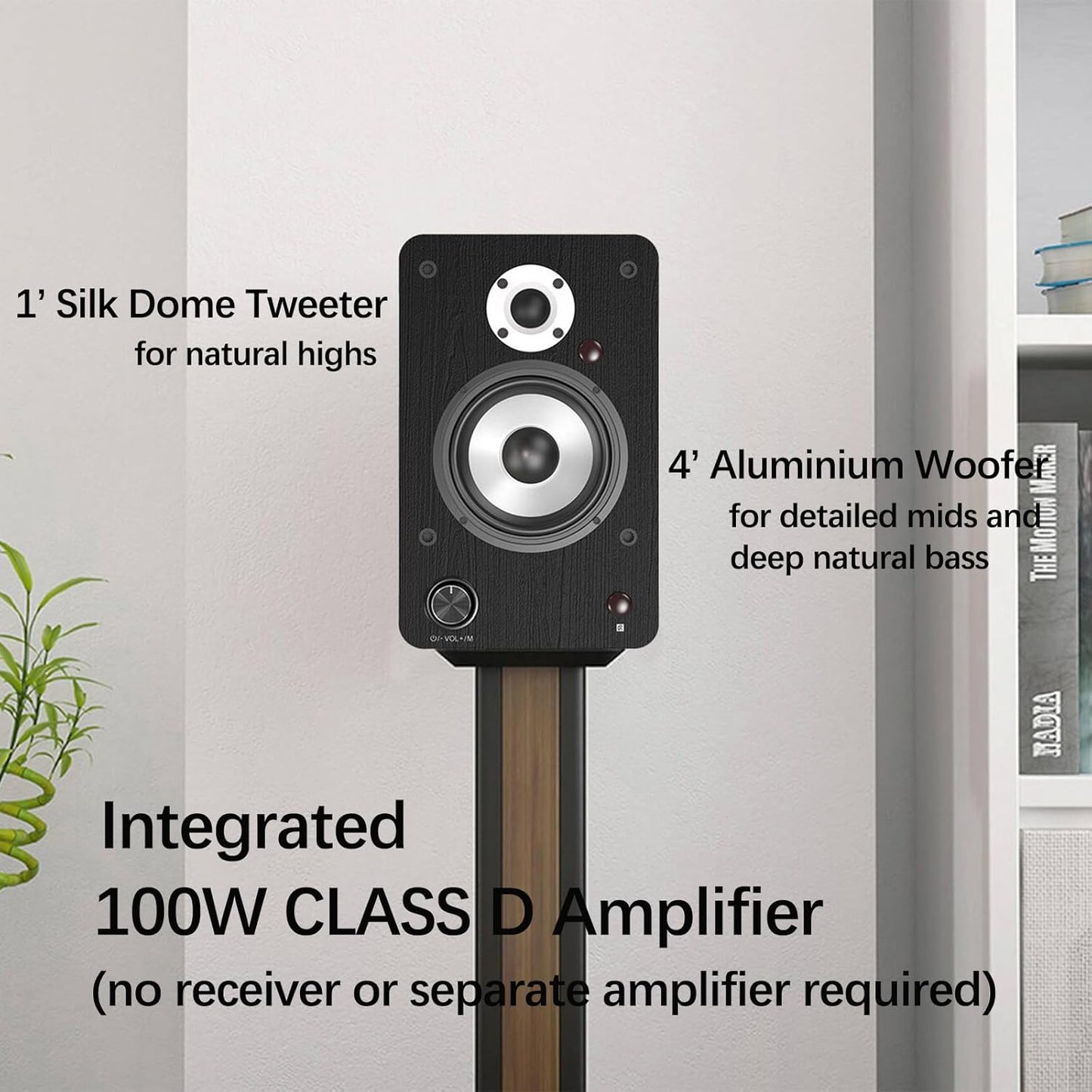 LONPOO Powered Bookshelf Speakers for Record Player,2.0CH Bluetooth Active Near Field Monitors with 1-inch Silk Domed Tweeter and 4-inch Aluminium Speaker for Home Theater, 100 Watts RMS