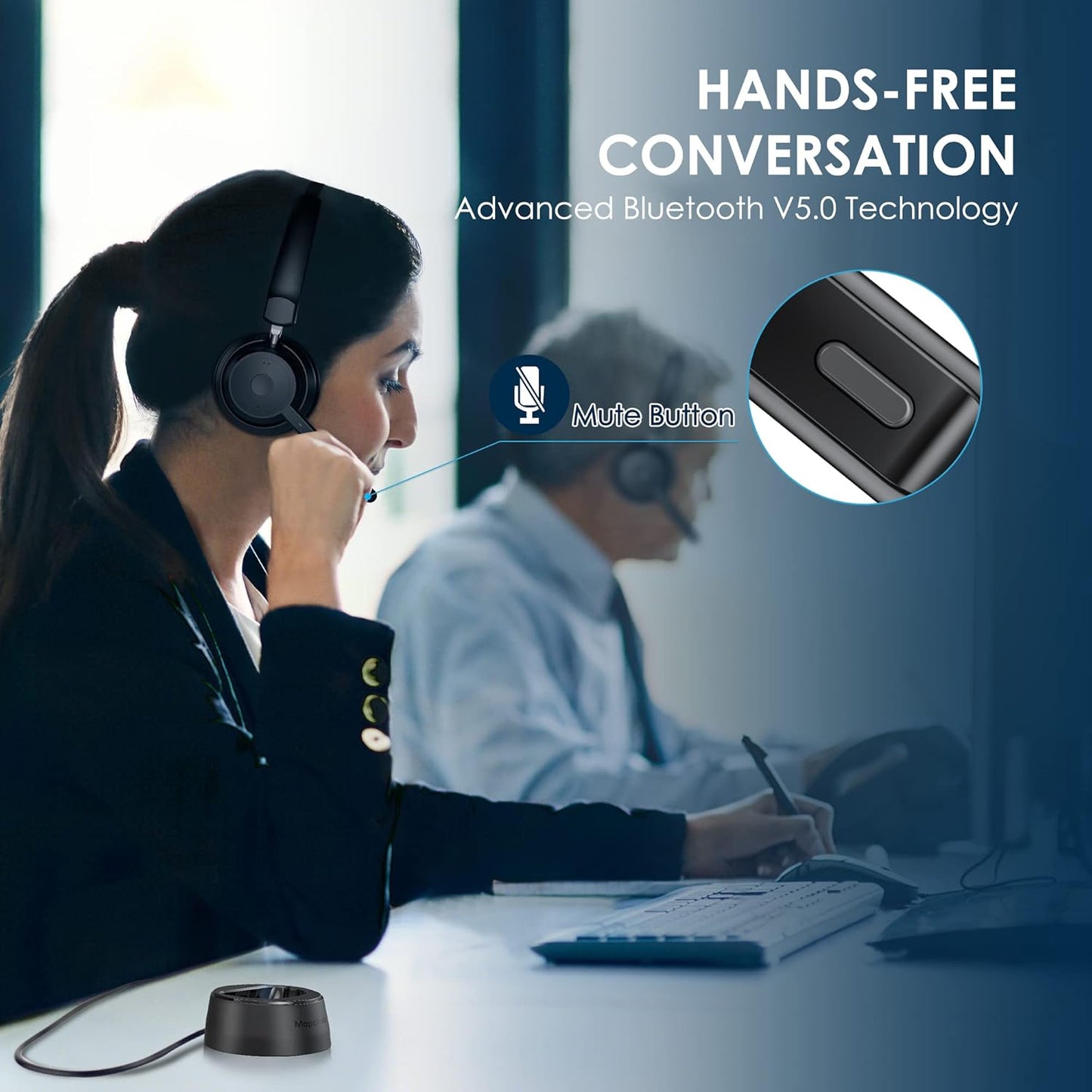 Bluetooth Headset, Wireless Headphone with AI Noise-Canceling Microphone for Computer, On Ear Bluetooth Headset with USB Dongle for Office Call Center Skype Zoom Meeting Online Class (Black)
