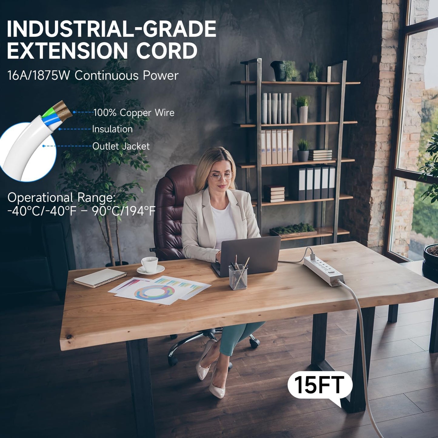 15 Ft Power Strip Surge Protector with USB Ports, Flat Plug Extension Cord, 5 AC Outlets and 3 USB Charging Ports, Wall Mountable, ETL Listed – White for Home, Office, Dorm