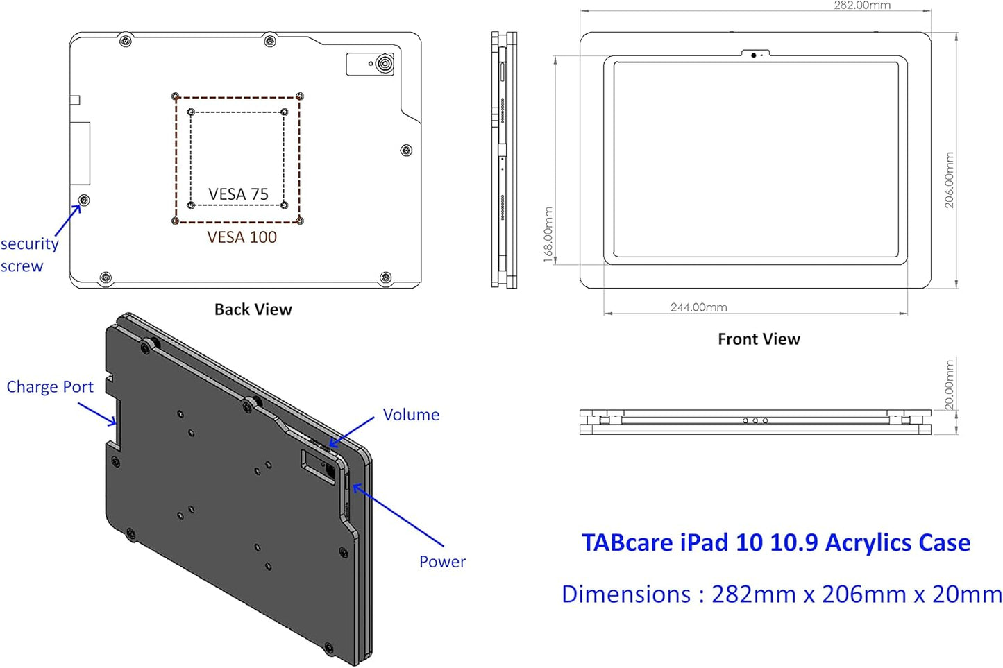 TABcare Anti-Theft Acrylic VESA Enclosure Made for Apple iPad 10 10.9" 2022, iPad 11 11" 2025 with Low Profile Wall Mount Kit & 90-Degree Angle USB C Charge Cable (Black)