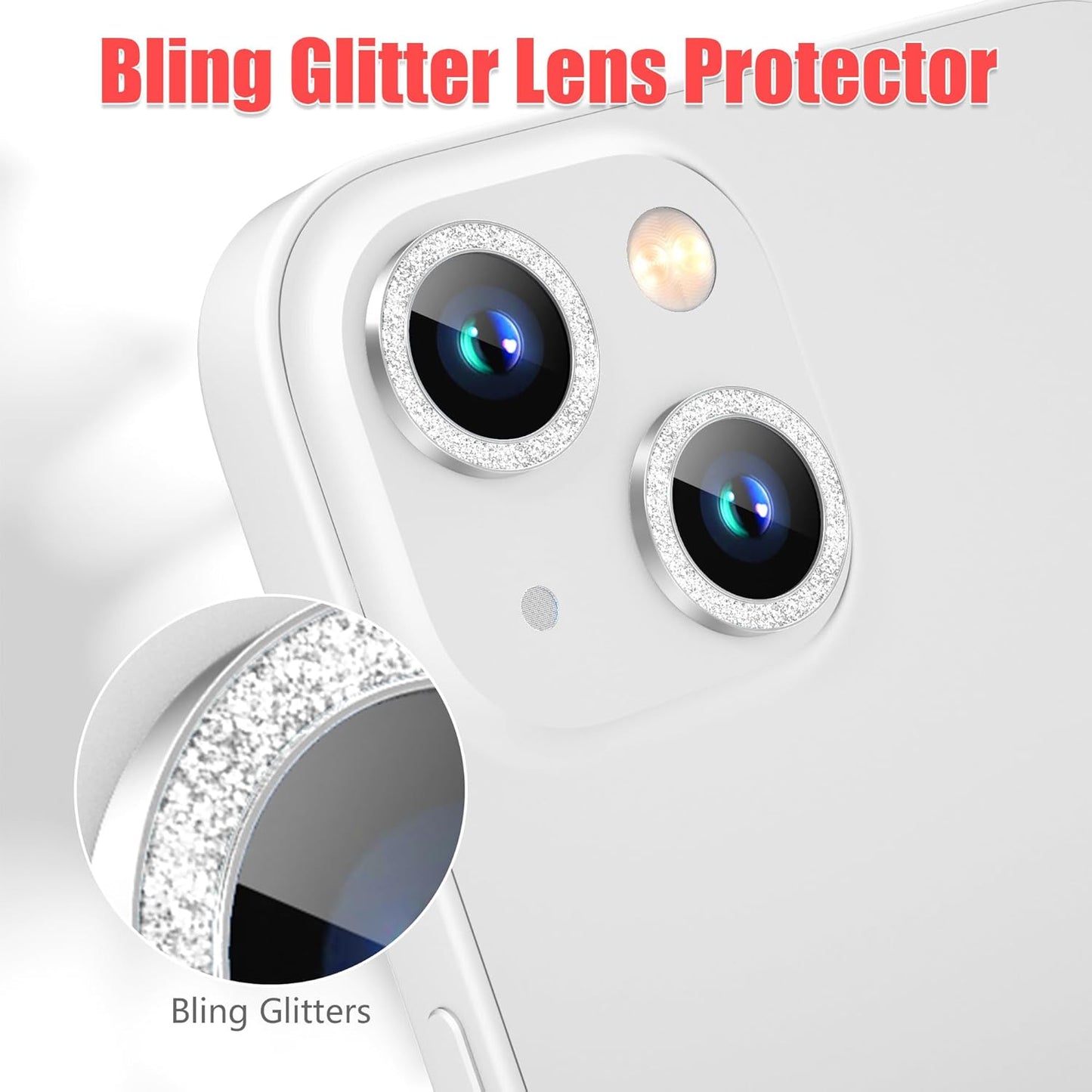 AGVEE 3+3 6 Pack for iPhone 15/15 Plus Camera Lens Protector, Bling Diamond & Bling Glitter Metal Ring 9H Tempered HD Glass Camera Protector Cover Film, Bling-Silver