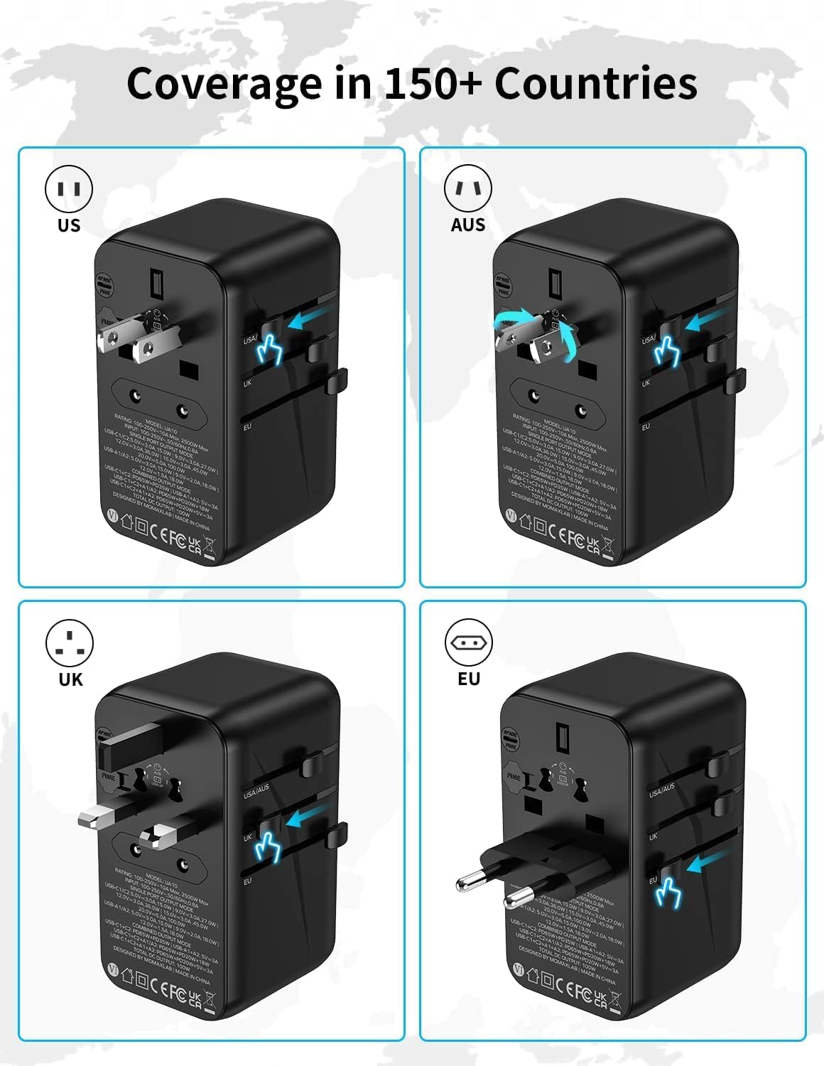 MOMAX Universal Travel Adapter, 100W Fast GaN International Power Adapter, 2PD USB-C+2QC USB-A Travel Adapter, US, UK, EU, AU Travel Adapter Worldwide for Laptops, Tablets, Phones, Vision Pro