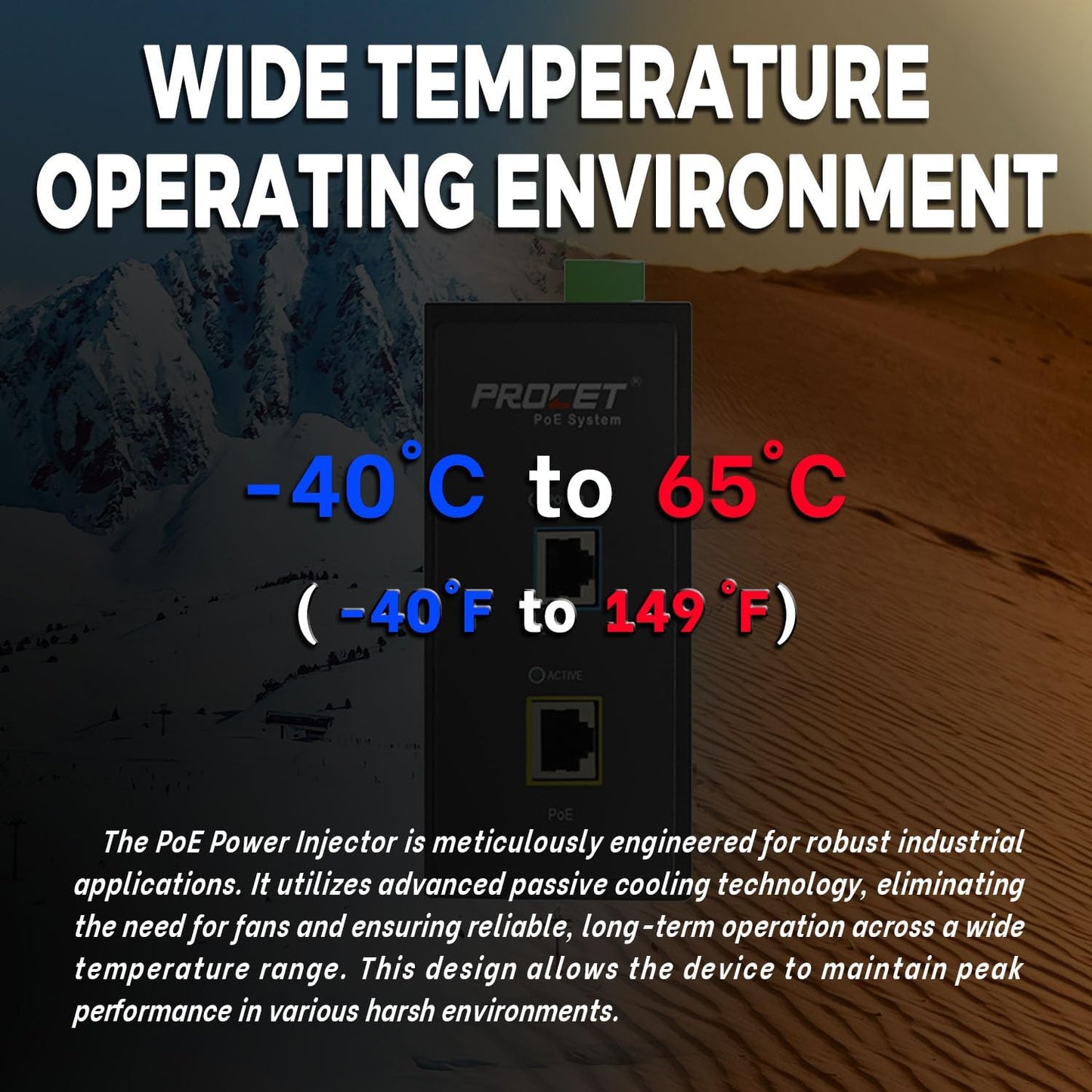 PROCET 10 Gbps Gigabit PoE++ Injector Din Rail, 60W Industrial Adapter with Wide Temp -40°F to 149°F, 6KV Surge Protection, AC/DC Input, IEEE802.3af/802.3at/802.3bt, PT-PSE105GB-AC-10