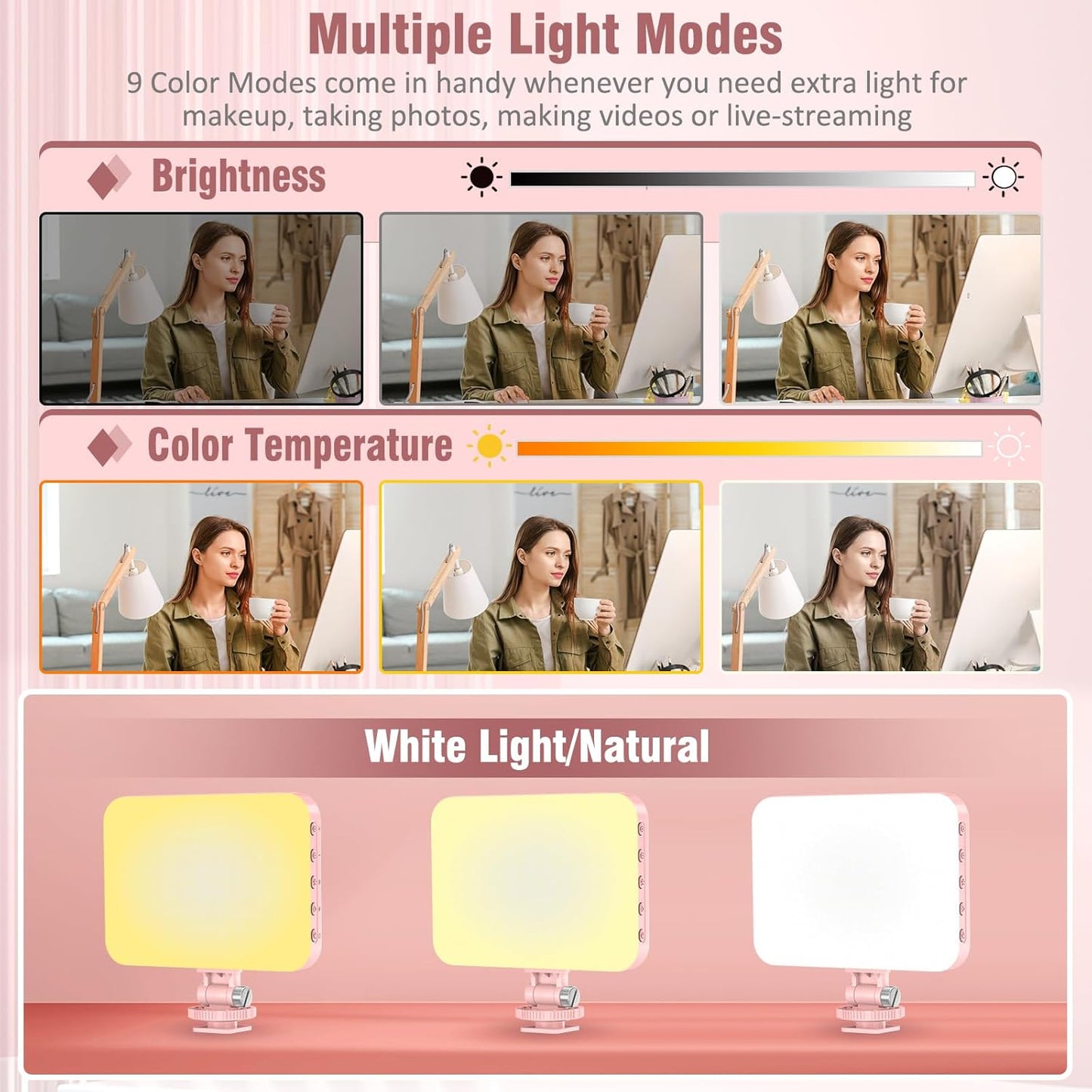 60 LED Portable Selfie Light Video Conference Lighting with Clip & Camera Tripod Adapter Rechargeable 2200mAh CRI 97+, 9 Light Modes for Phone iPhone Webcam Laptop Photo Makeup
