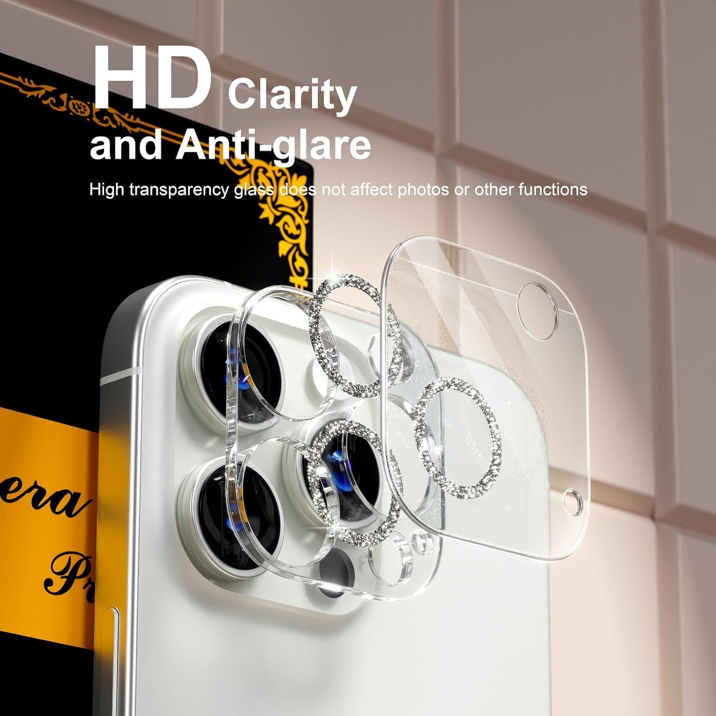 beuxece for 6 Pack iPhone 15 Pro/iPhone 15 Pro Max Camera Lens Protector [Drop Protection] [Case Friendly] [Easy Installation] 9H Tempered Glass Camera Screen Protector Cover, Glitter Silver