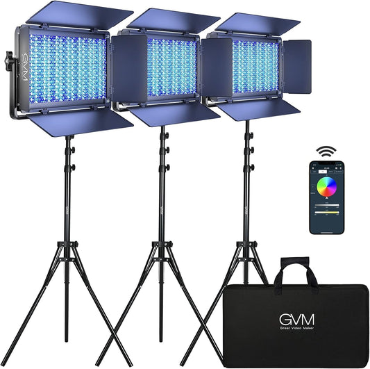 GVM 1500D RGB LED Video Light, 75W Video Lighting Kit with Bluetooth Control, 3 Packs Led Panel Light for Photography, YouTube Studio, Video Shooting, Broadcasting, Conference, 1128 Led Beads