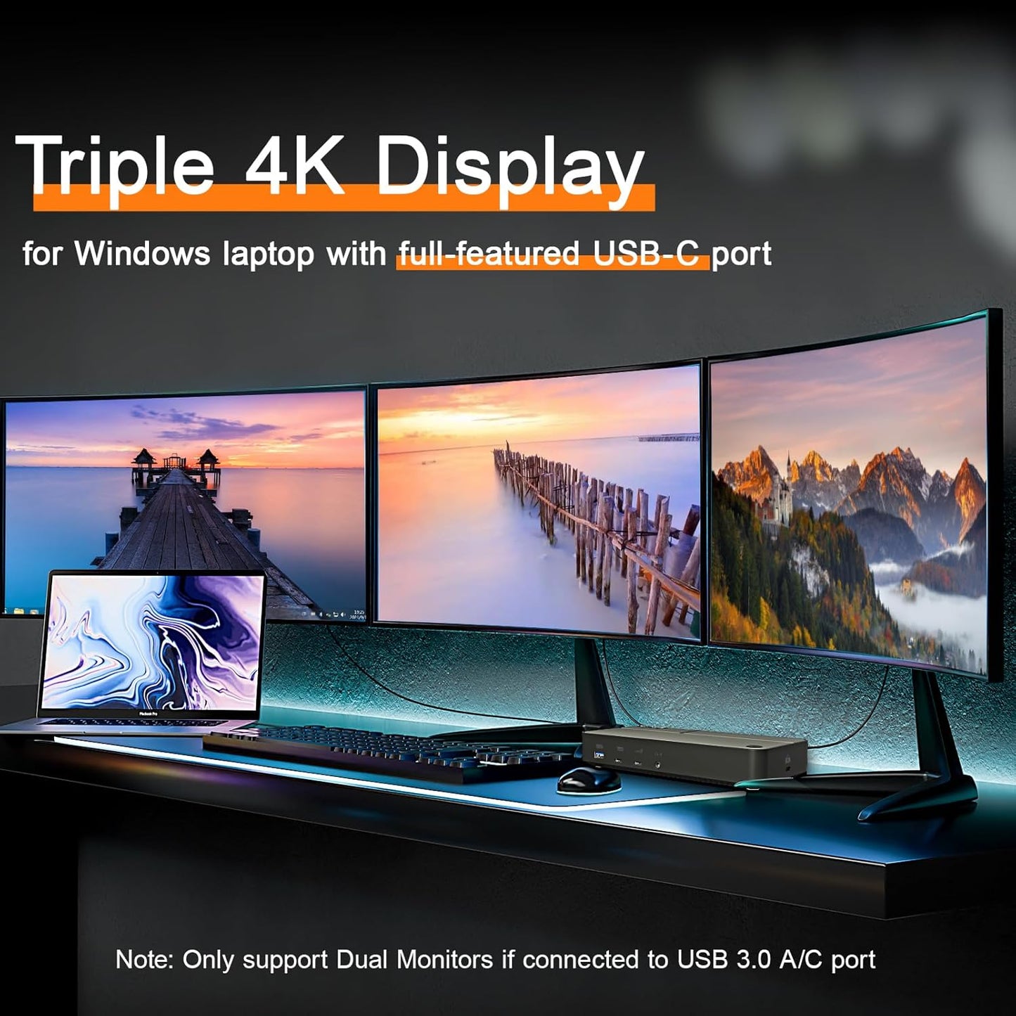 DisplayLink Docking Station 3 Monitors with 130W Power Supply,15 in 1 USB C Triple 4K Display Dock for M1 M2 M3 M4 Thunderbolt MacBook Pro/Air and USB-C/A Port Windows Laptops (3 HDMI, 2 DP)