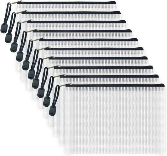 AUSTARK 10 Pcs Zipper File Bags, Waterproof Plastic Mesh Pouch for Office School, Board Game Storage Bags (B6 Size 7.6''x5.3'', White and Black)