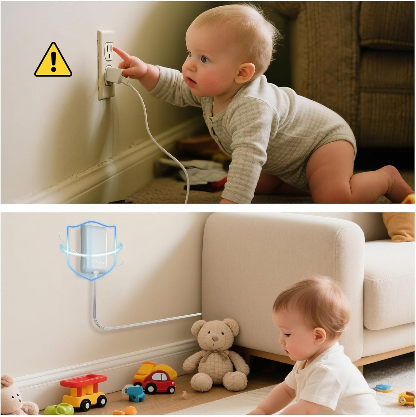 Flat Plug Extension Cord 6FT - 3 Outlets Power Strip with Ultra Thin Detachable Baby Proofing Outlet Cover Behind TV Furniture ETL Listed 13A 125V 1625W White