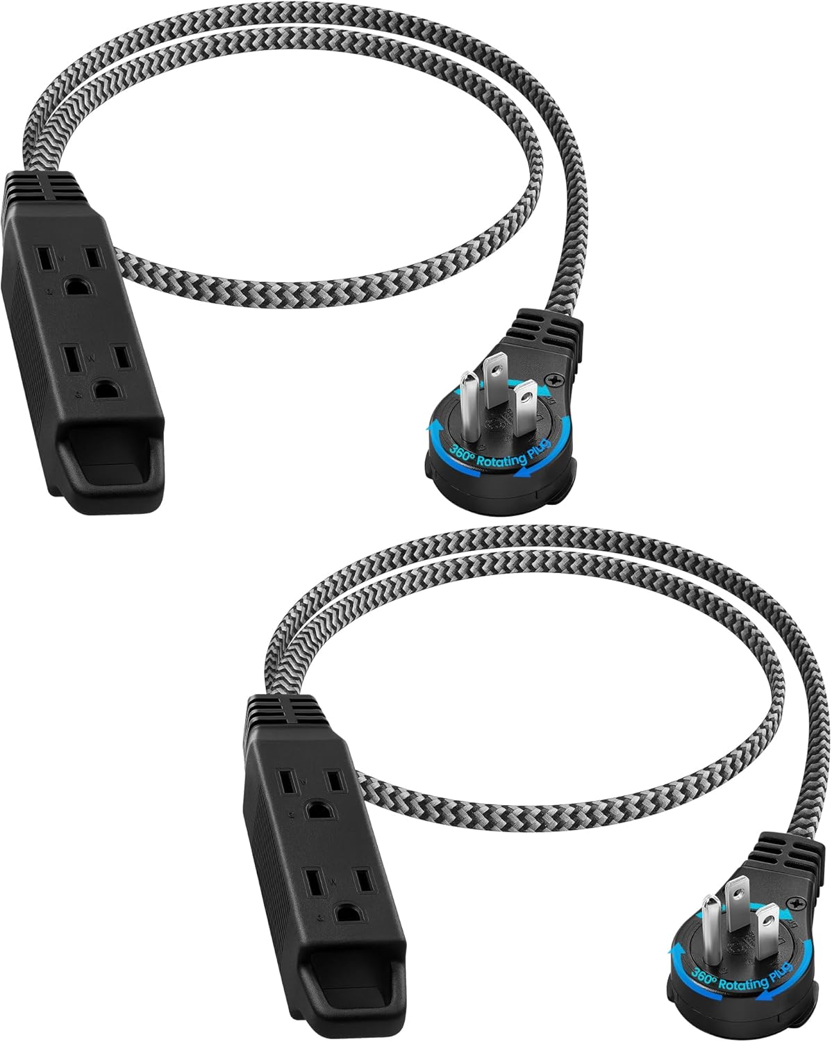 SURAIELEC 2 Pack Flat Extension Cord 3FT, 360° Rotating Plug, Braided Flat Plug with 3 Outlets, 16 AWG Thin Black Extension Cord for Indoor Use, Home, Office, Compact Spaces, ETL Listed